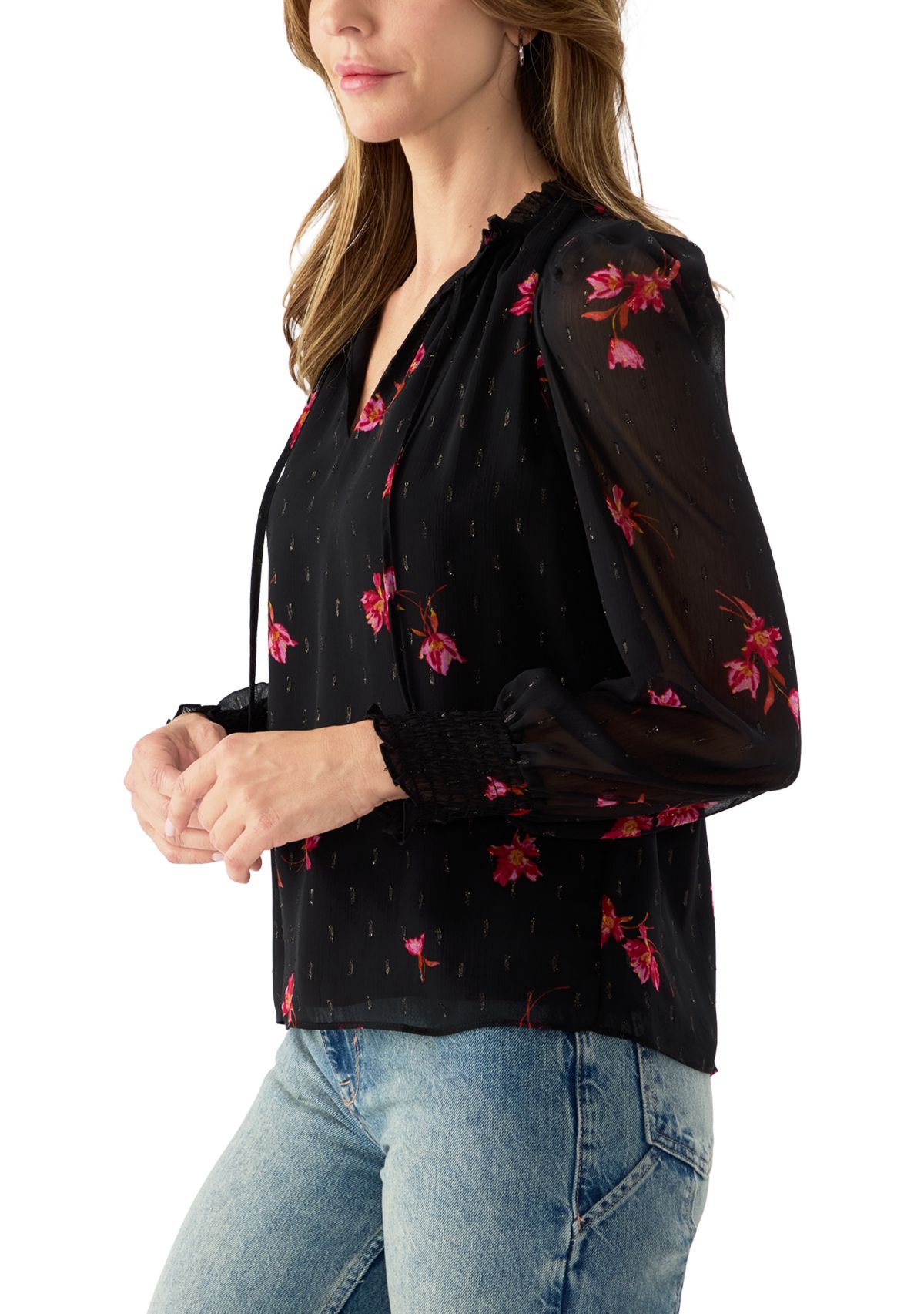  Womens Smocked Puff Sleeve Floral Blouse