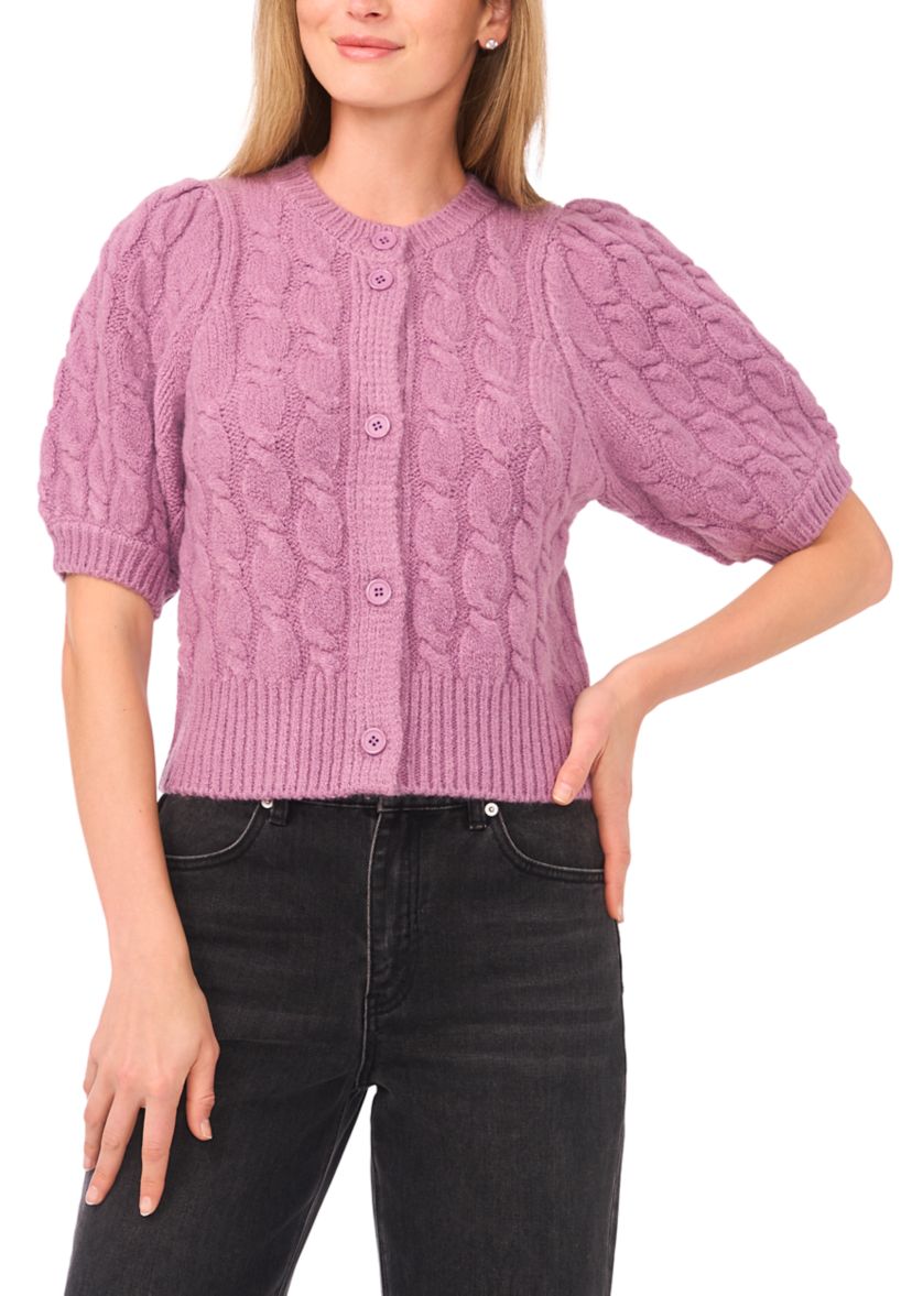Womens Puff Sleeve Cable Knit Cardigan