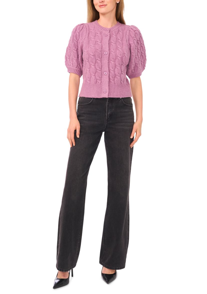 Womens Puff Sleeve Cable Knit Cardigan