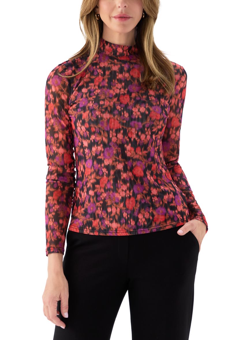  Womens Floral Mock Neck Mesh Knit Top
