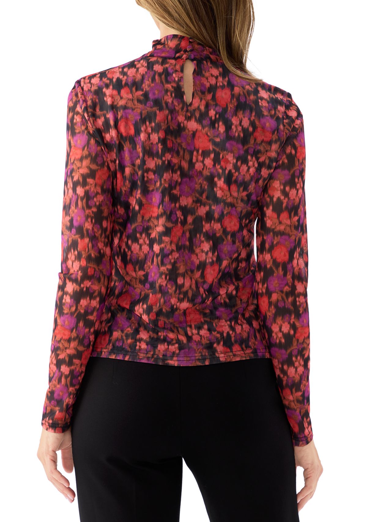  Womens Floral Mock Neck Mesh Knit Top