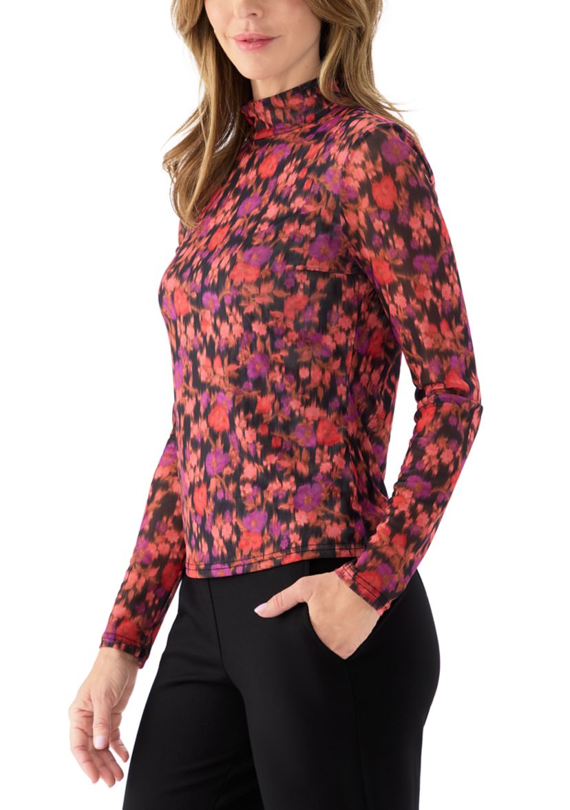  Womens Floral Mock Neck Mesh Knit Top