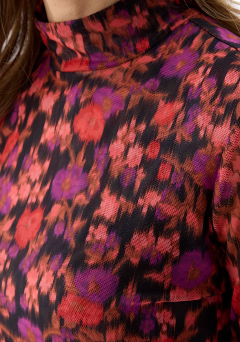  Womens Floral Mock Neck Mesh Knit Top