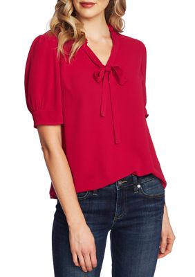 Short Sleeve Ruffle Neck Bow Blouse