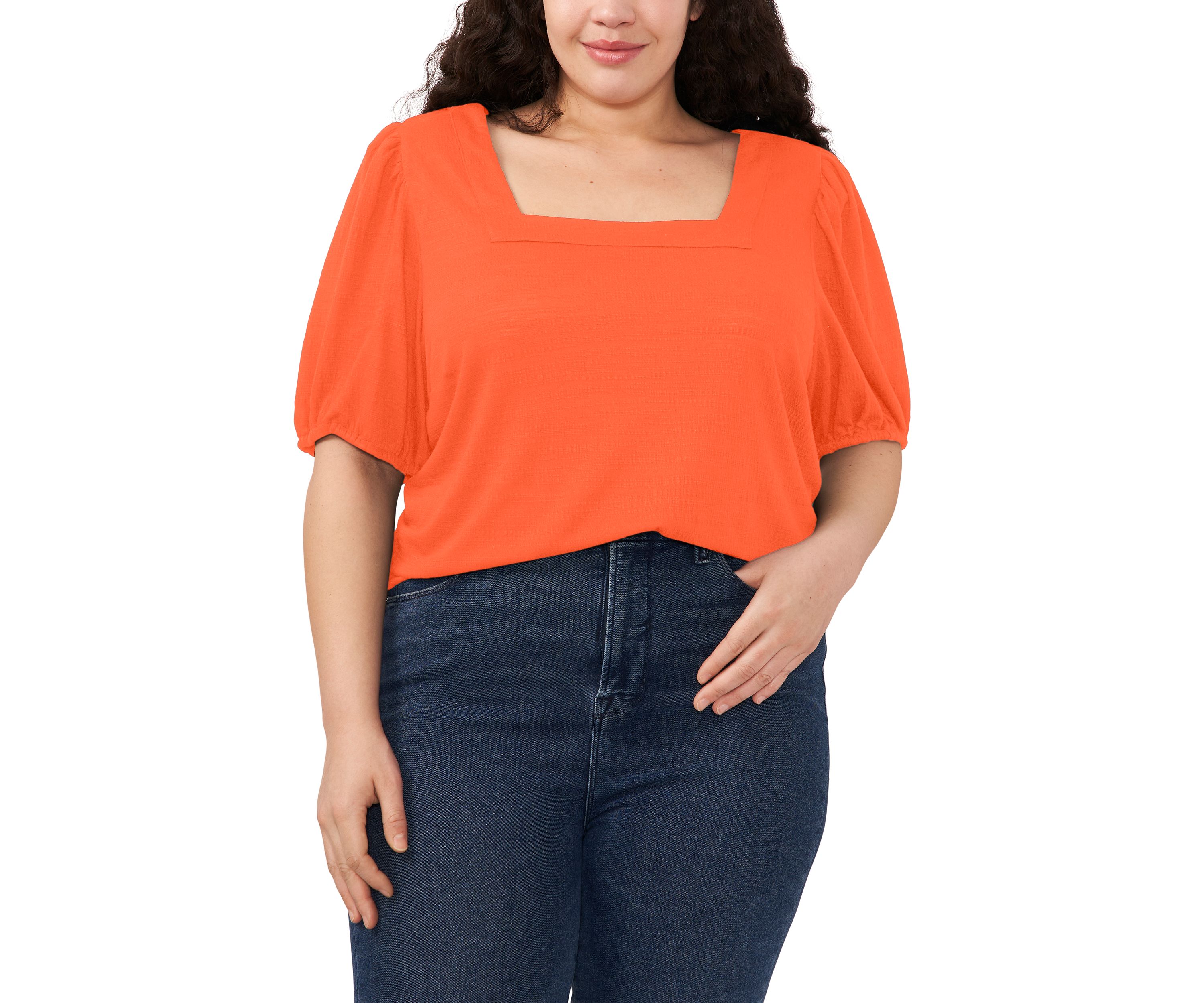 Plus Size Square Neck Short Puff Sleeve Top