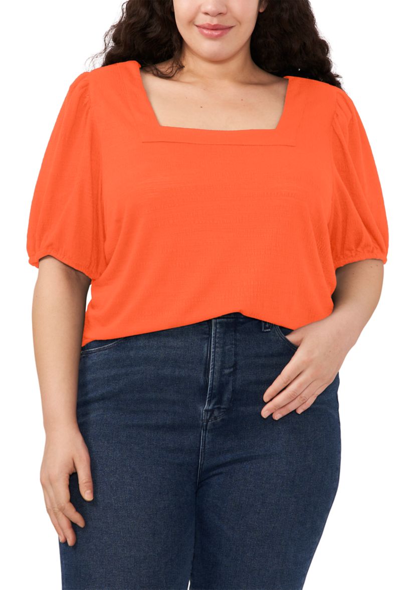 Plus Size Square Neck Short Puff Sleeve Top