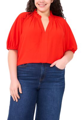 CeCe Women's Plus Size Ruffle Neck Raglan Blouse