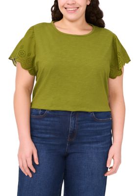 CeCe Women's Plus Size Short Sleeve Crew Neck Embroidered T-Shirt, Green, 3X