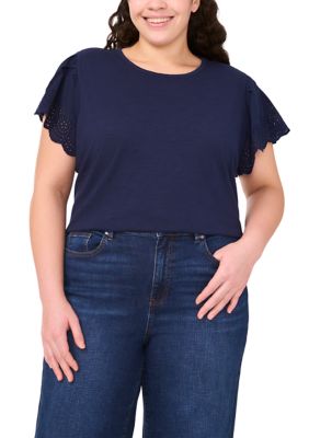 CeCe Women's Plus Size Short Sleeve Crew Neck Embroidered T-Shirt, Navy Blue, 3X