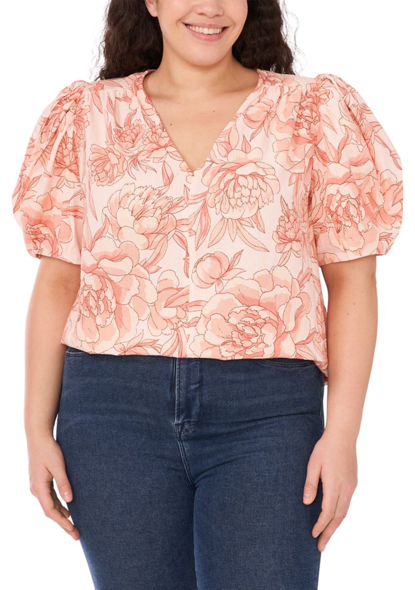 Plus Size Puff Sleeve V-Neck Blouse with Shoulder Shirring