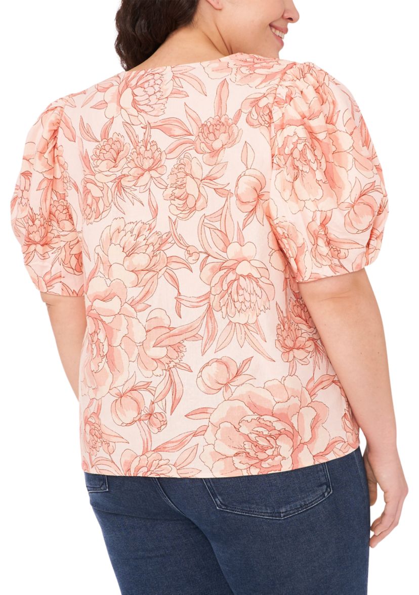 Plus Size Puff Sleeve V-Neck Blouse with Shoulder Shirring