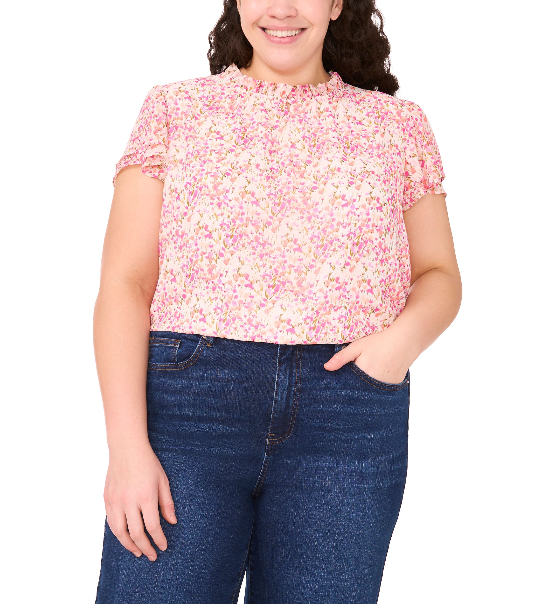 Plus Size Short Sleeve Ruffle Neck Printed Blouse