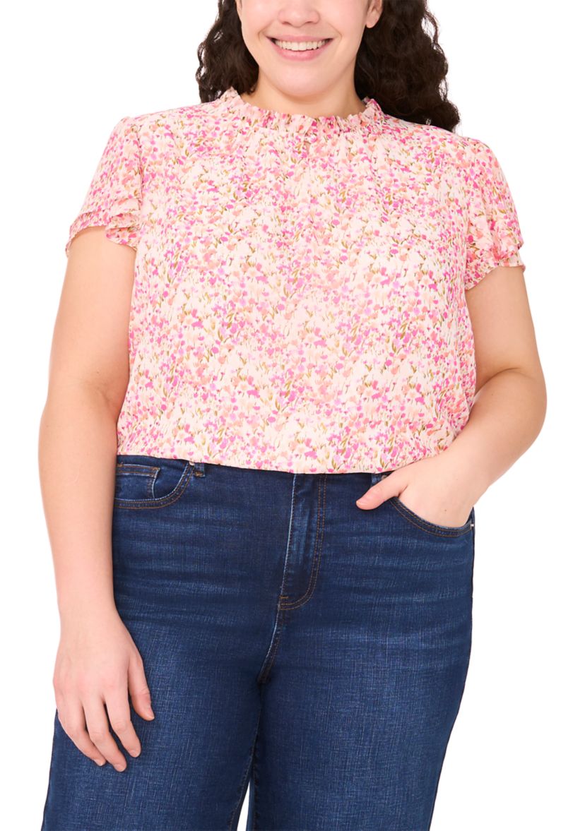 Plus Size Short Sleeve Ruffle Neck Printed Blouse