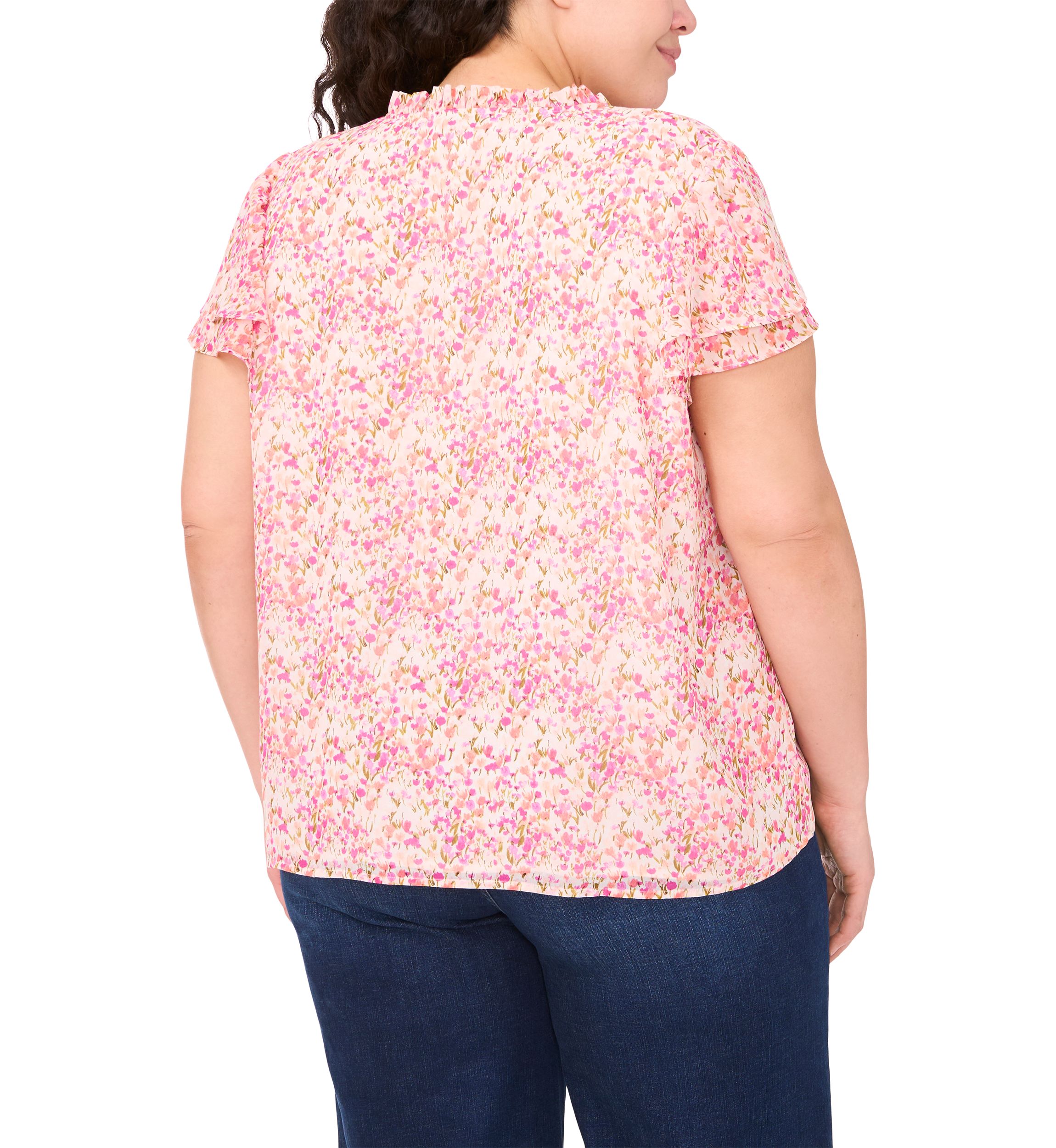 Plus Size Short Sleeve Ruffle Neck Printed Blouse