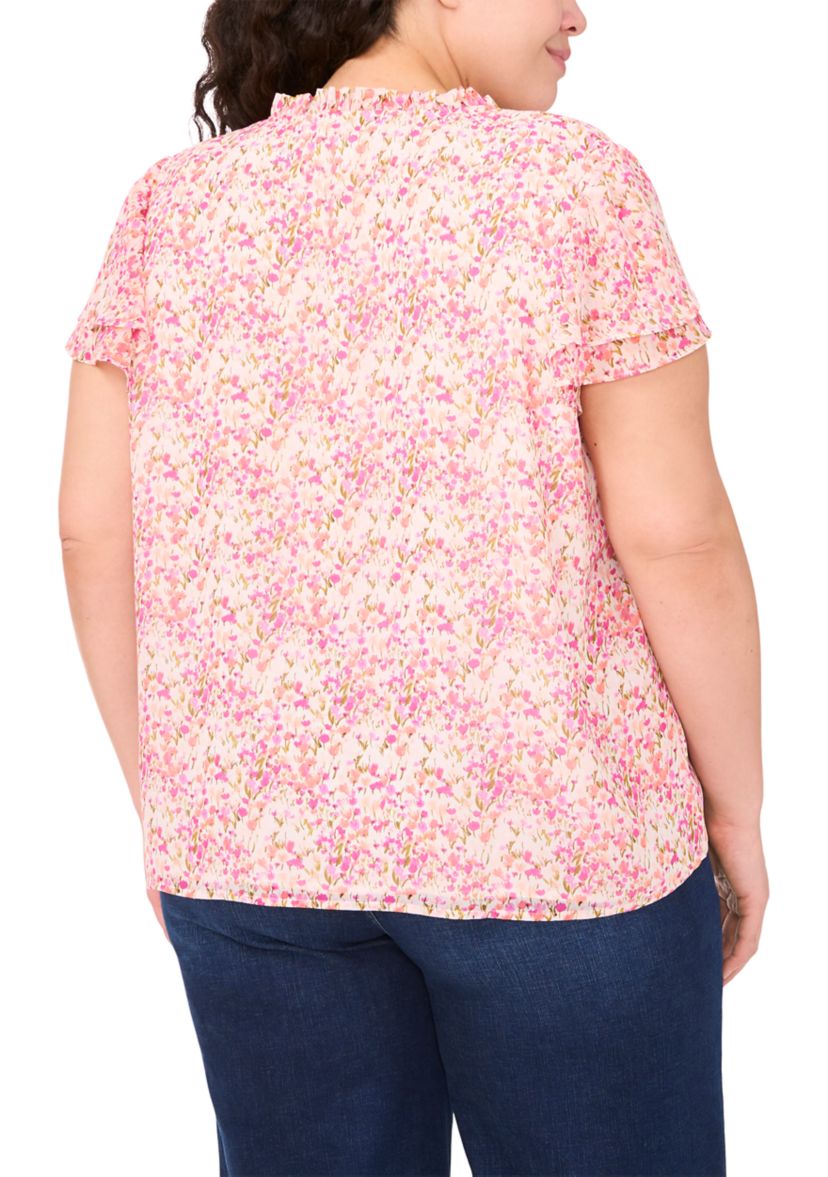 Plus Size Short Sleeve Ruffle Neck Printed Blouse