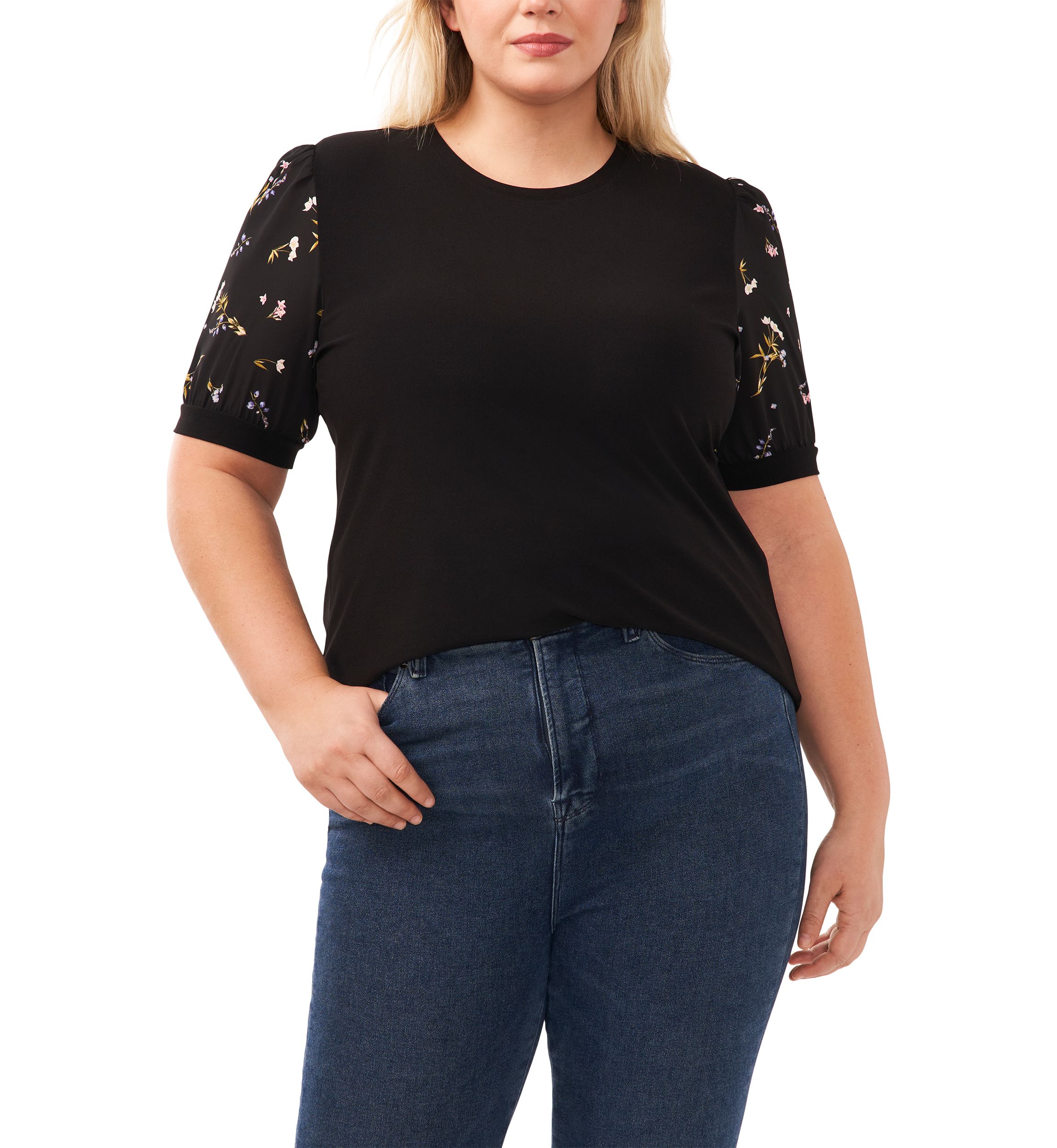 Plus Size Puff Sleeve Mixed Media Knit Top