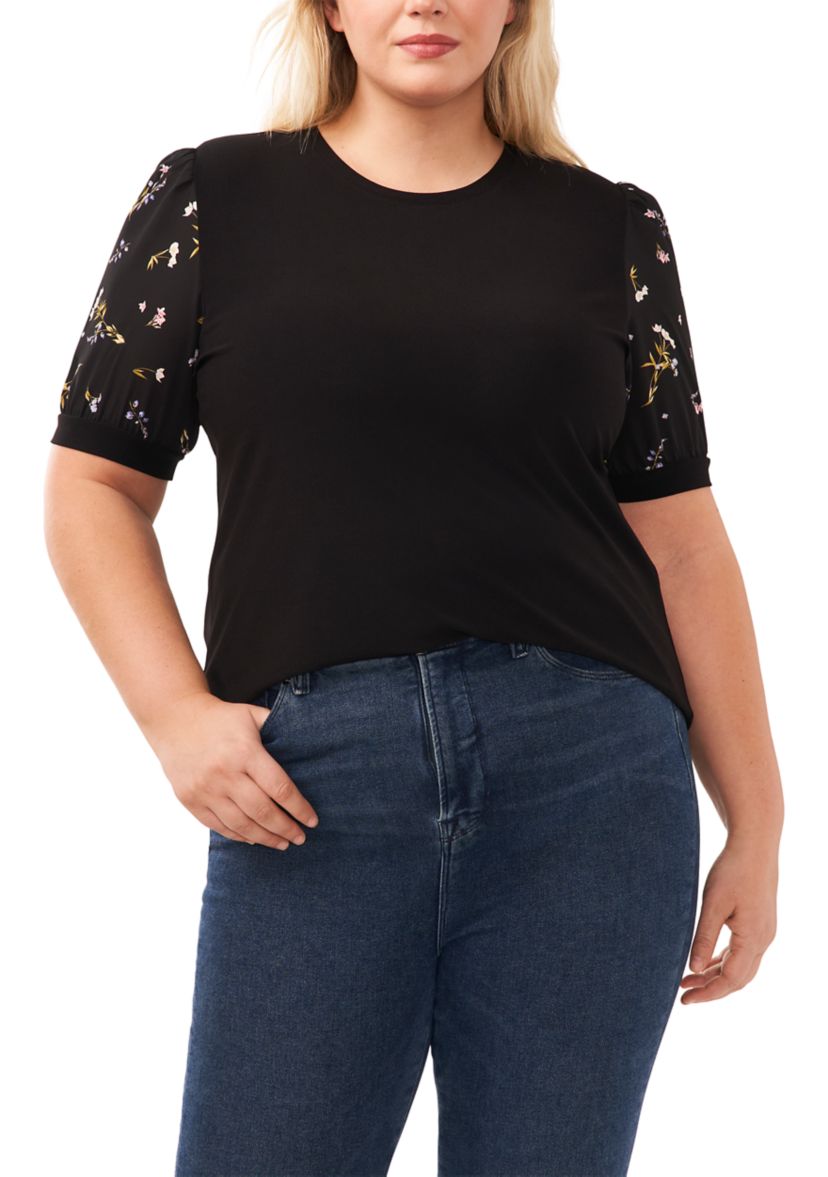 Plus Size Puff Sleeve Mixed Media Knit Top