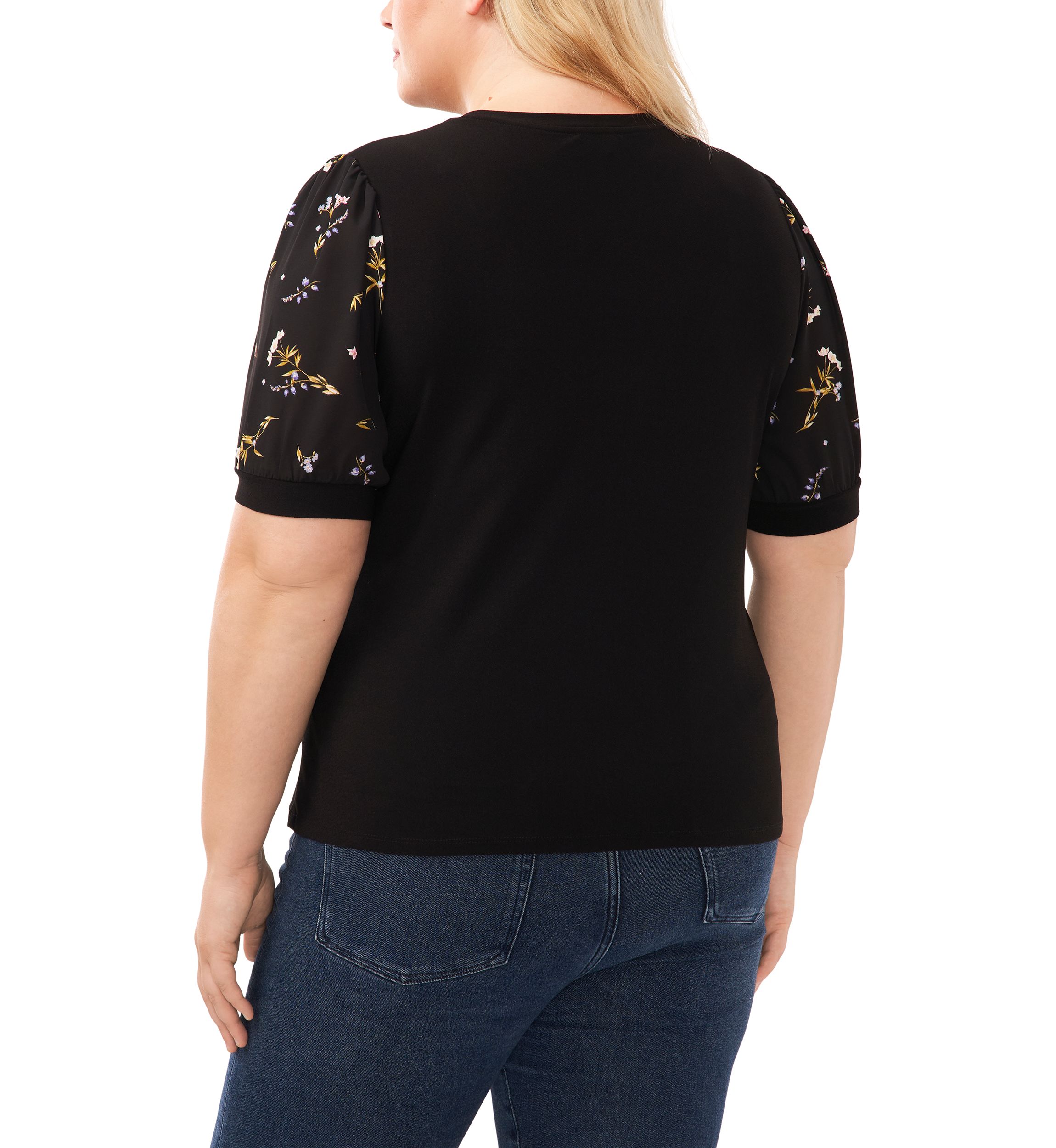 Plus Size Puff Sleeve Mixed Media Knit Top