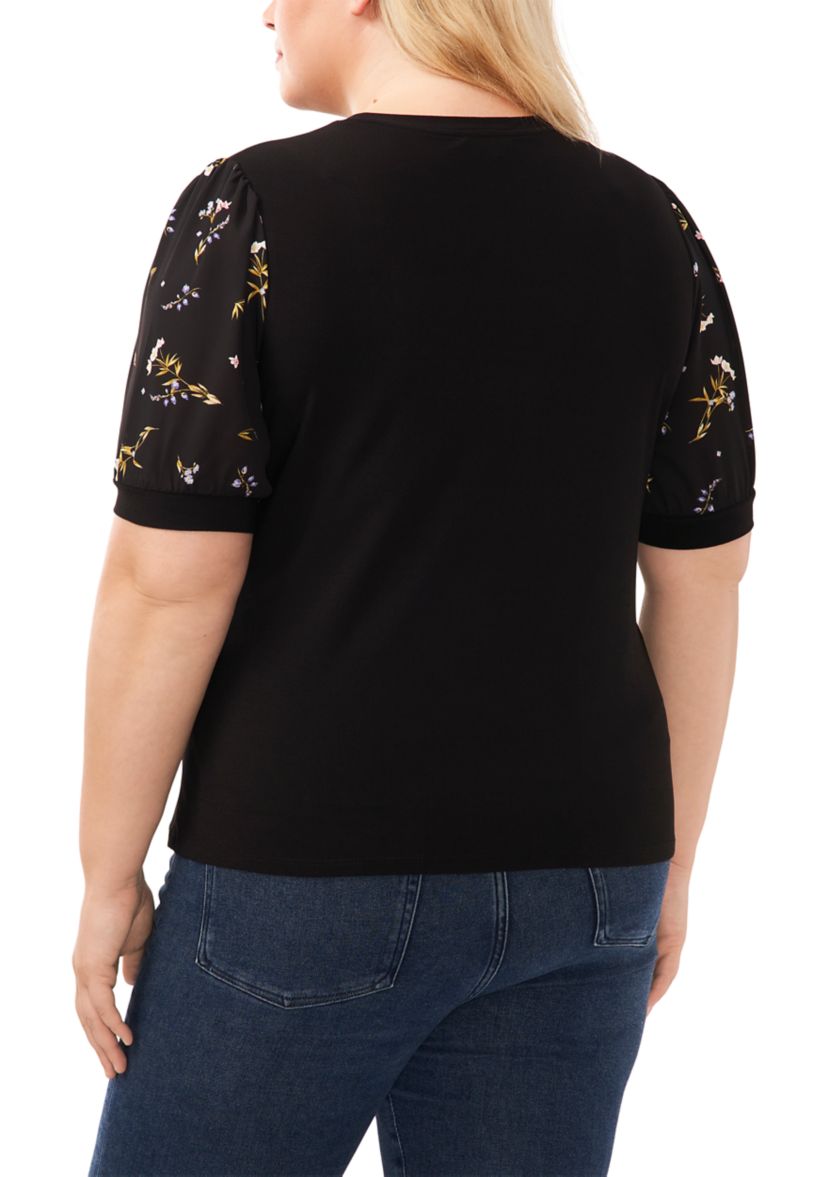 Plus Size Puff Sleeve Mixed Media Knit Top