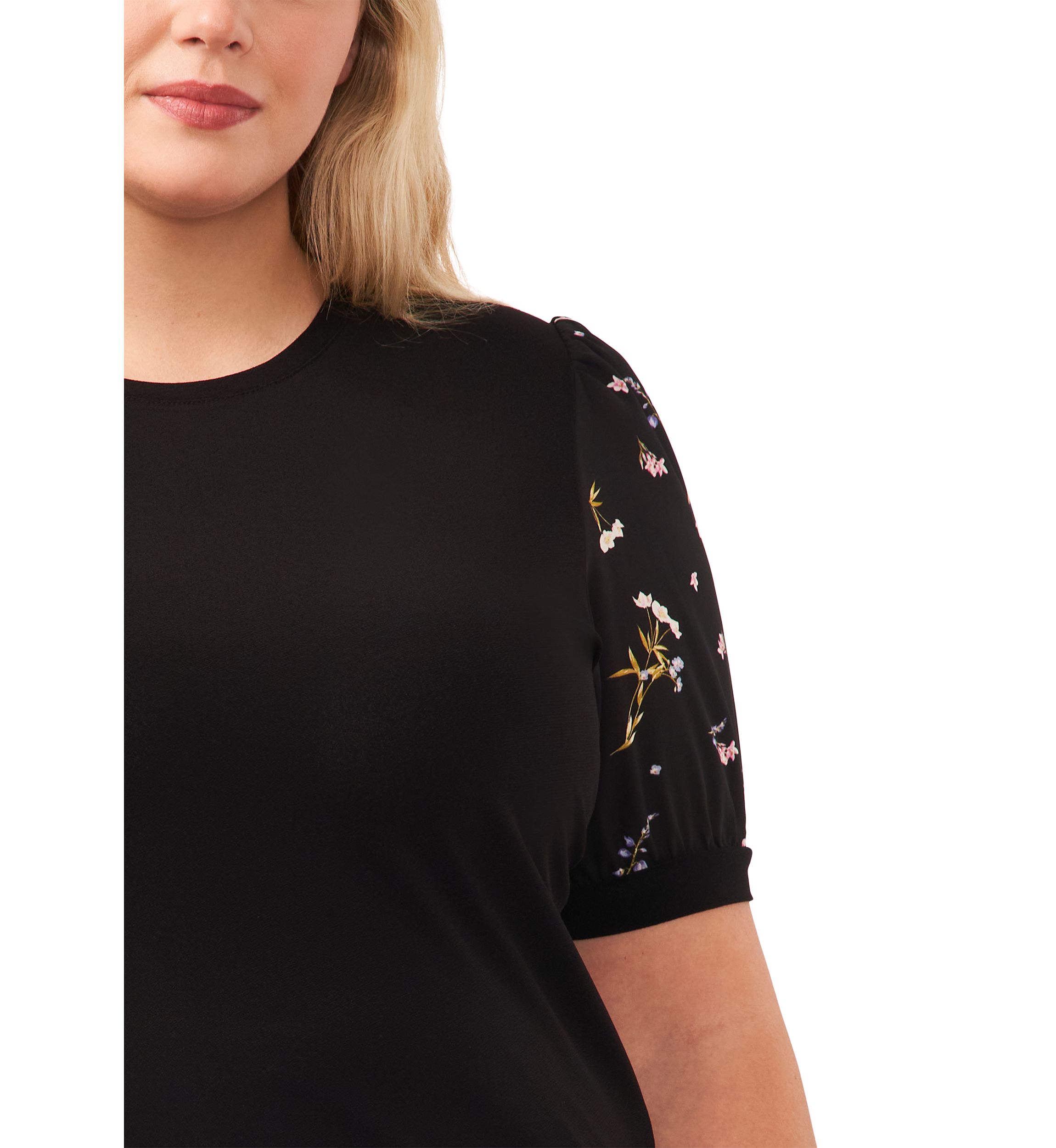 Plus Size Puff Sleeve Mixed Media Knit Top