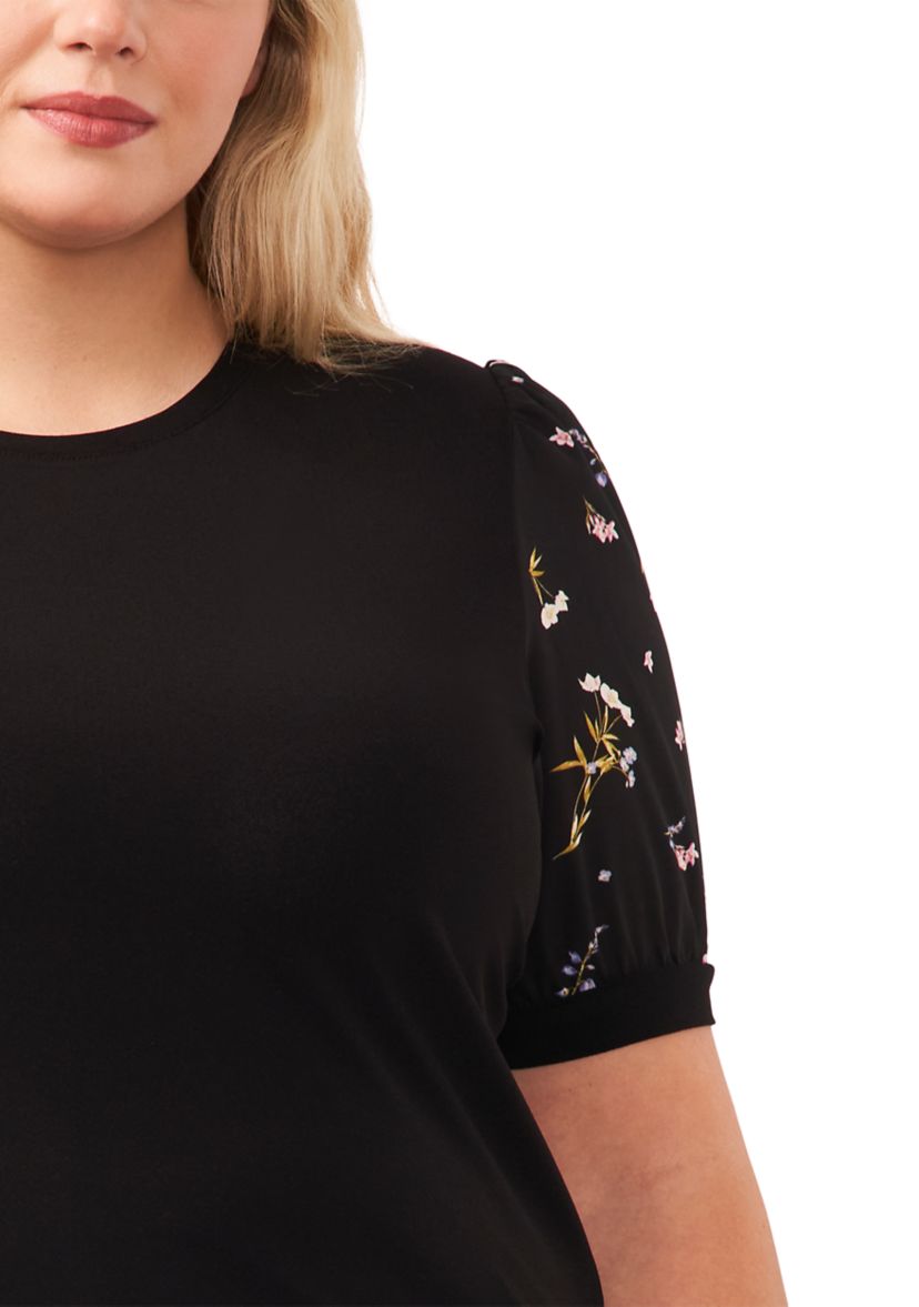 Plus Size Puff Sleeve Mixed Media Knit Top