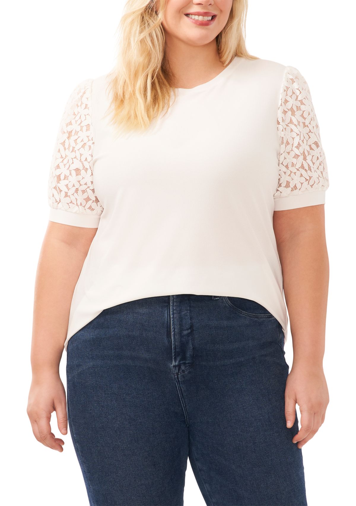 Plus Size Puff Sleeve Mixed Media Knit Top