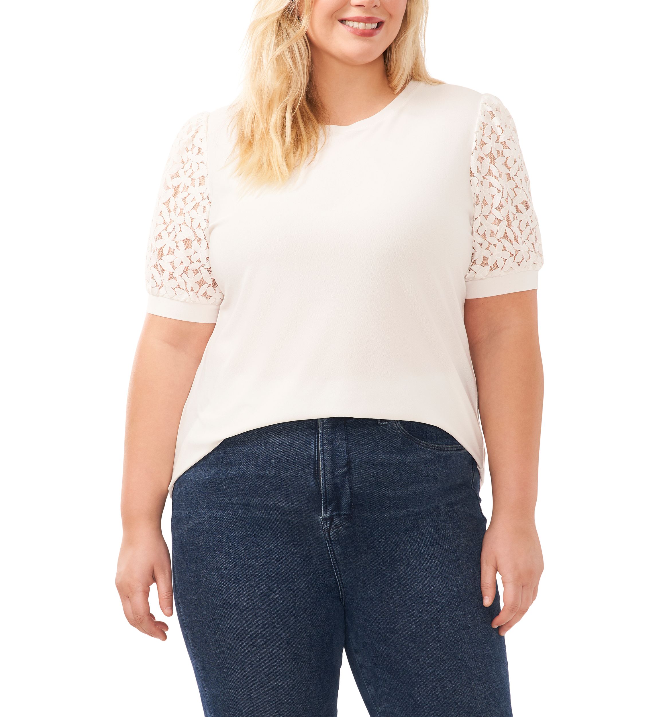 Plus Size Puff Sleeve Mixed Media Knit Top