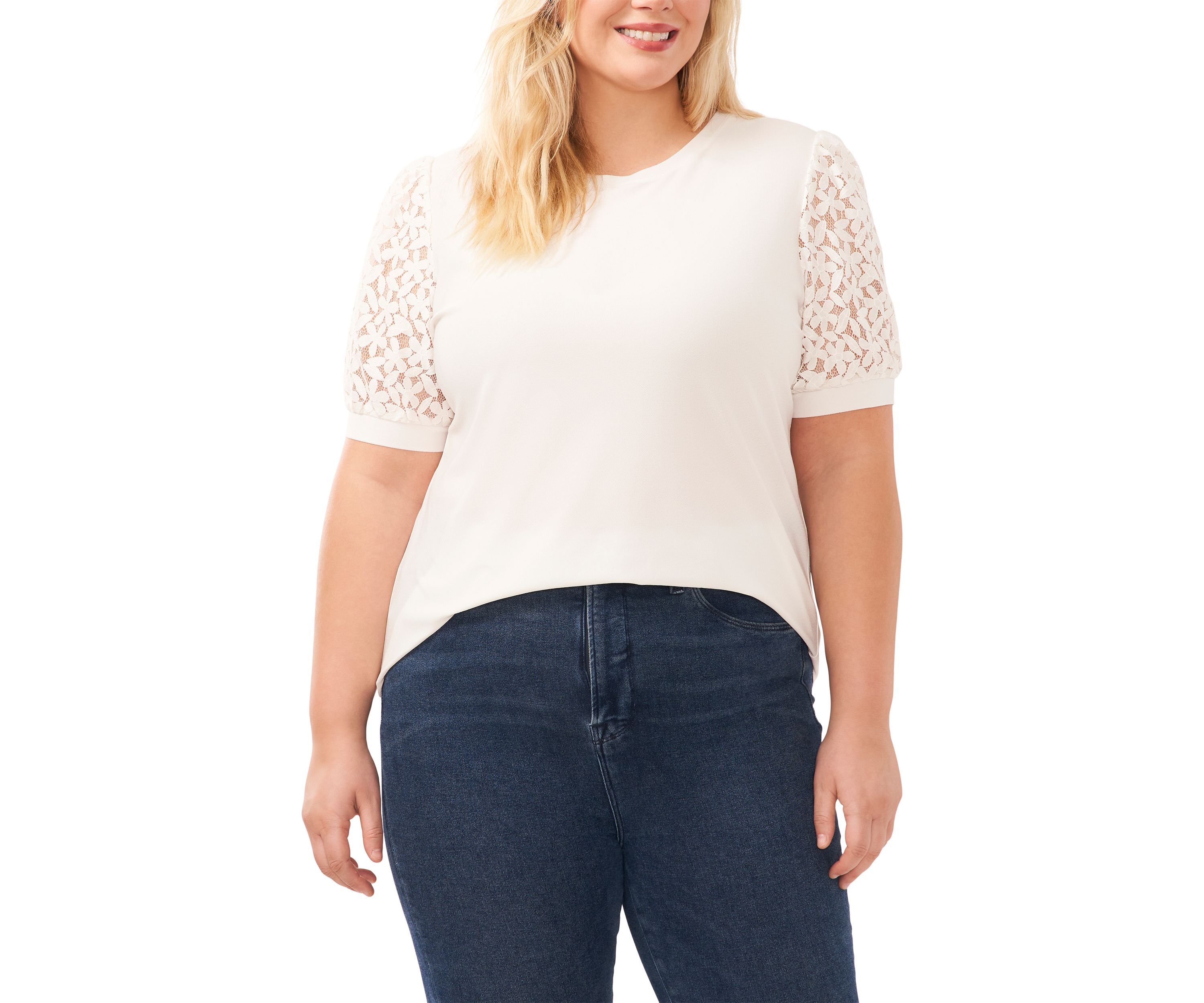 Plus Size Puff Sleeve Mixed Media Knit Top