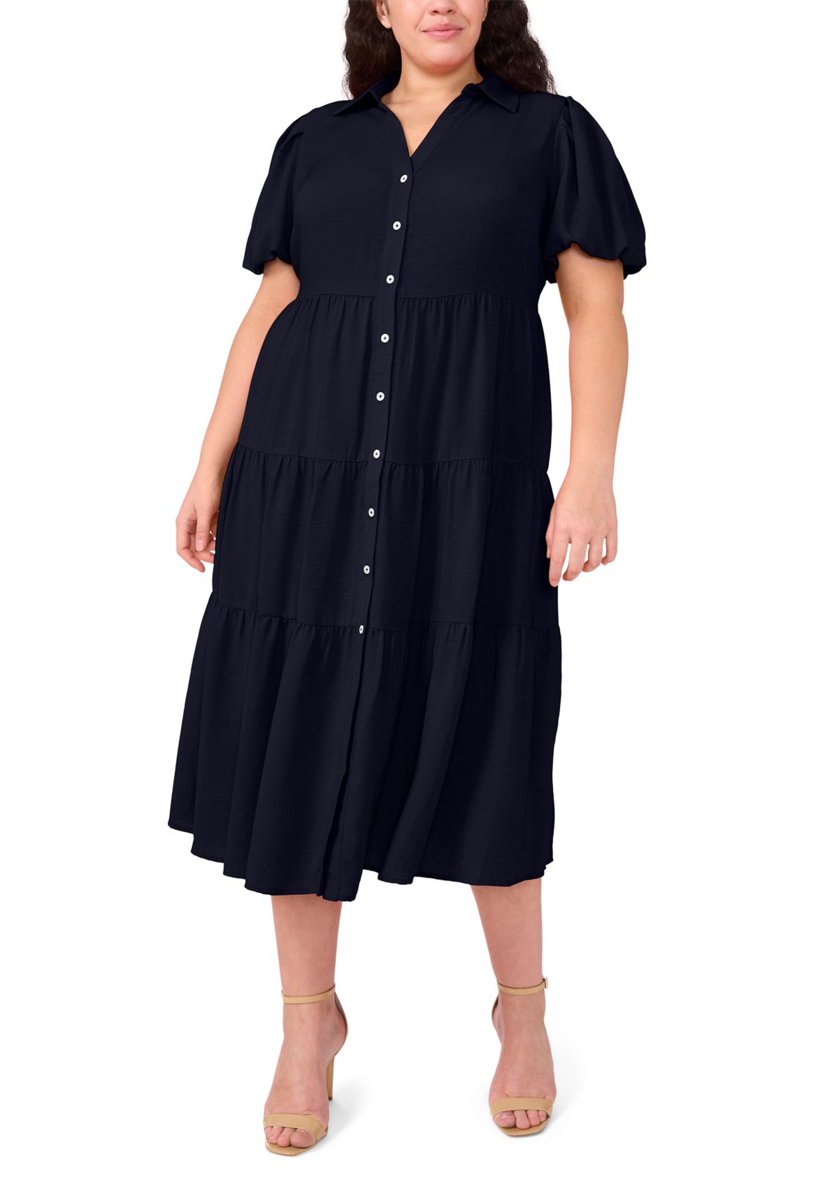 Plus Size Short Sleeve Tiered Maxi Shirtdress