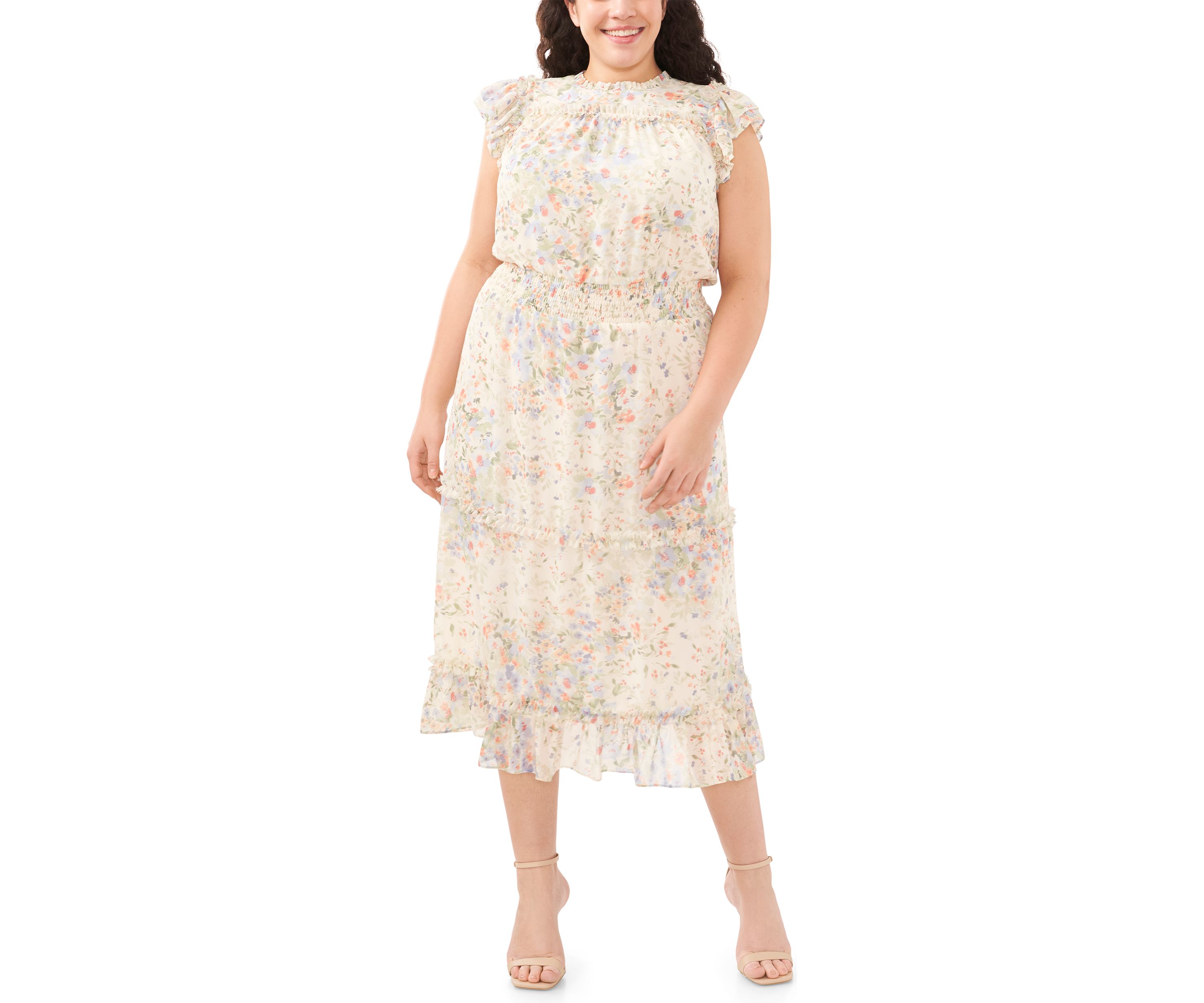 Plus Size Flutter Sleeve Floral Midi Dress