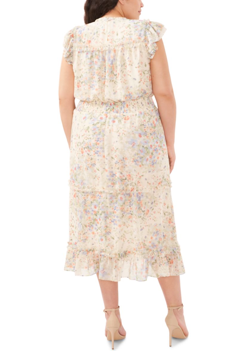Plus Size Flutter Sleeve Floral Midi Dress