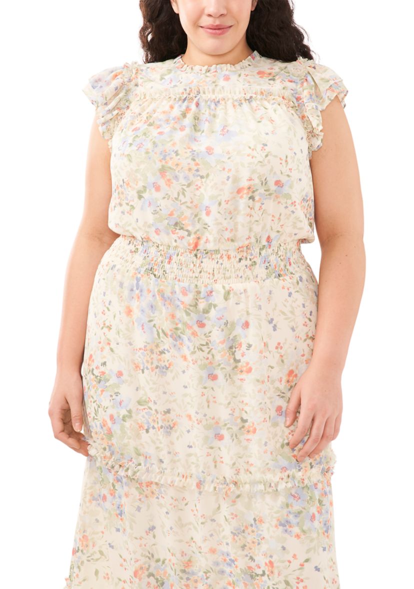 Plus Size Flutter Sleeve Floral Midi Dress