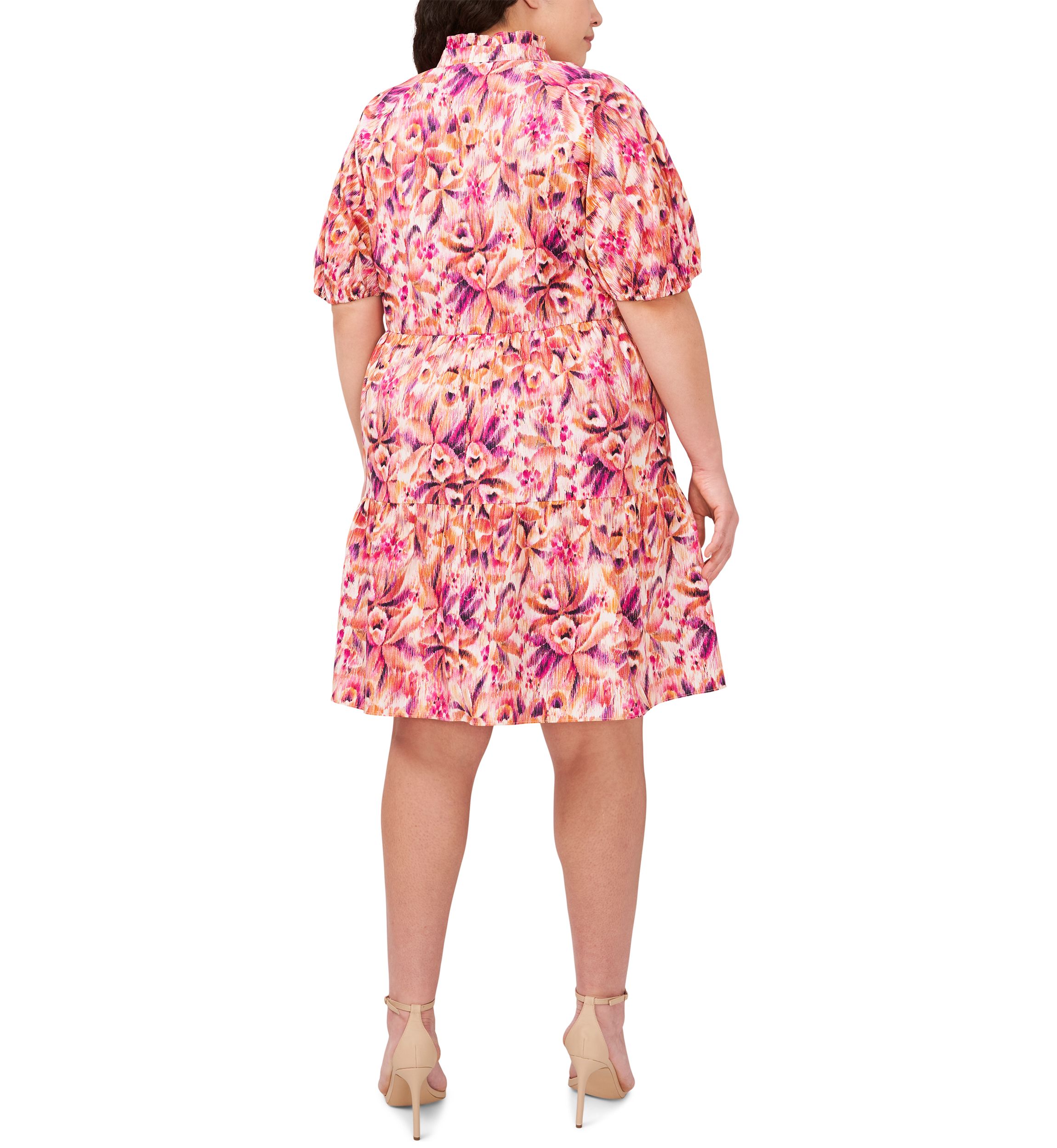 Plus Size Puff Sleeve Printed V-Neck Dress