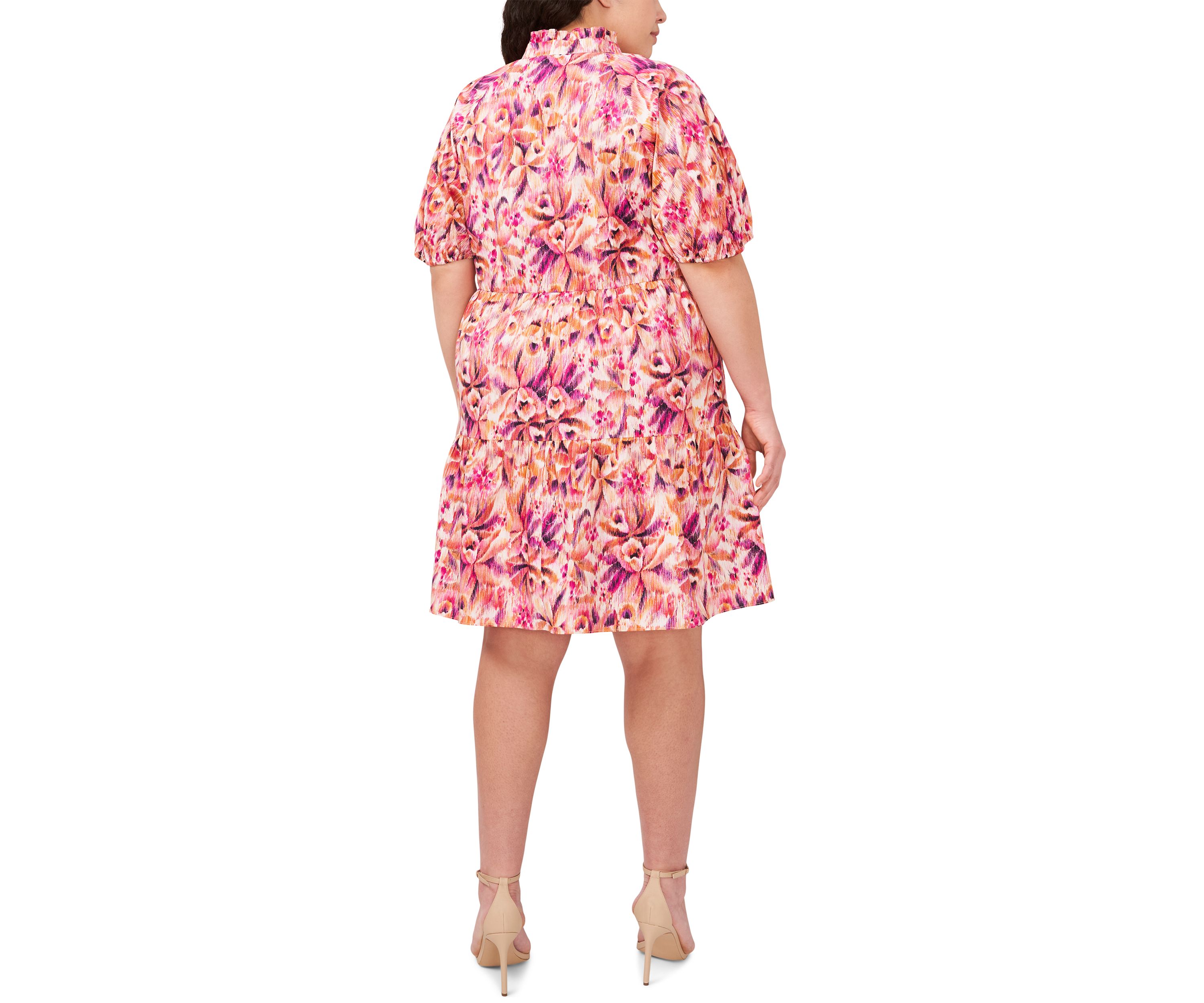 Plus Size Puff Sleeve Printed V-Neck Dress