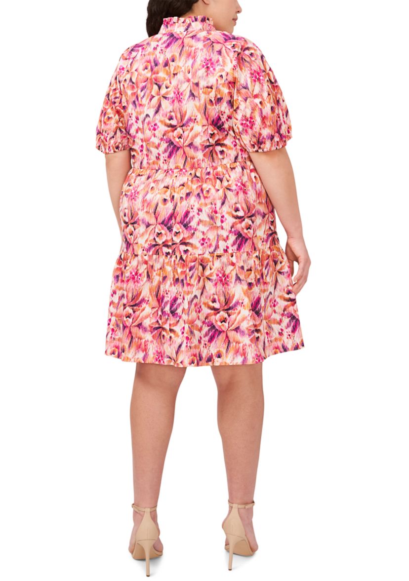 Plus Size Puff Sleeve Printed V-Neck Dress