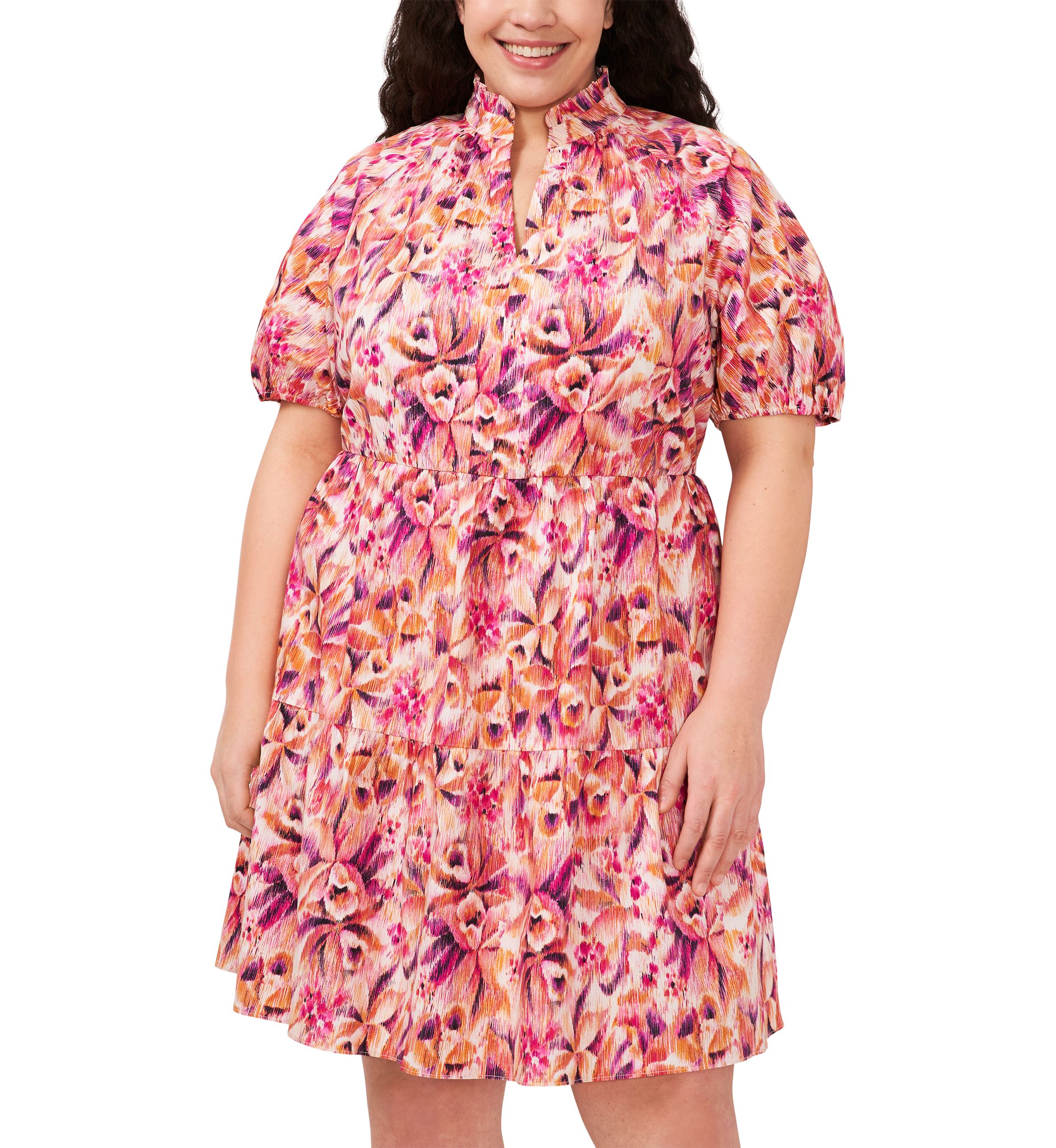 Plus Size Puff Sleeve Printed V-Neck Dress