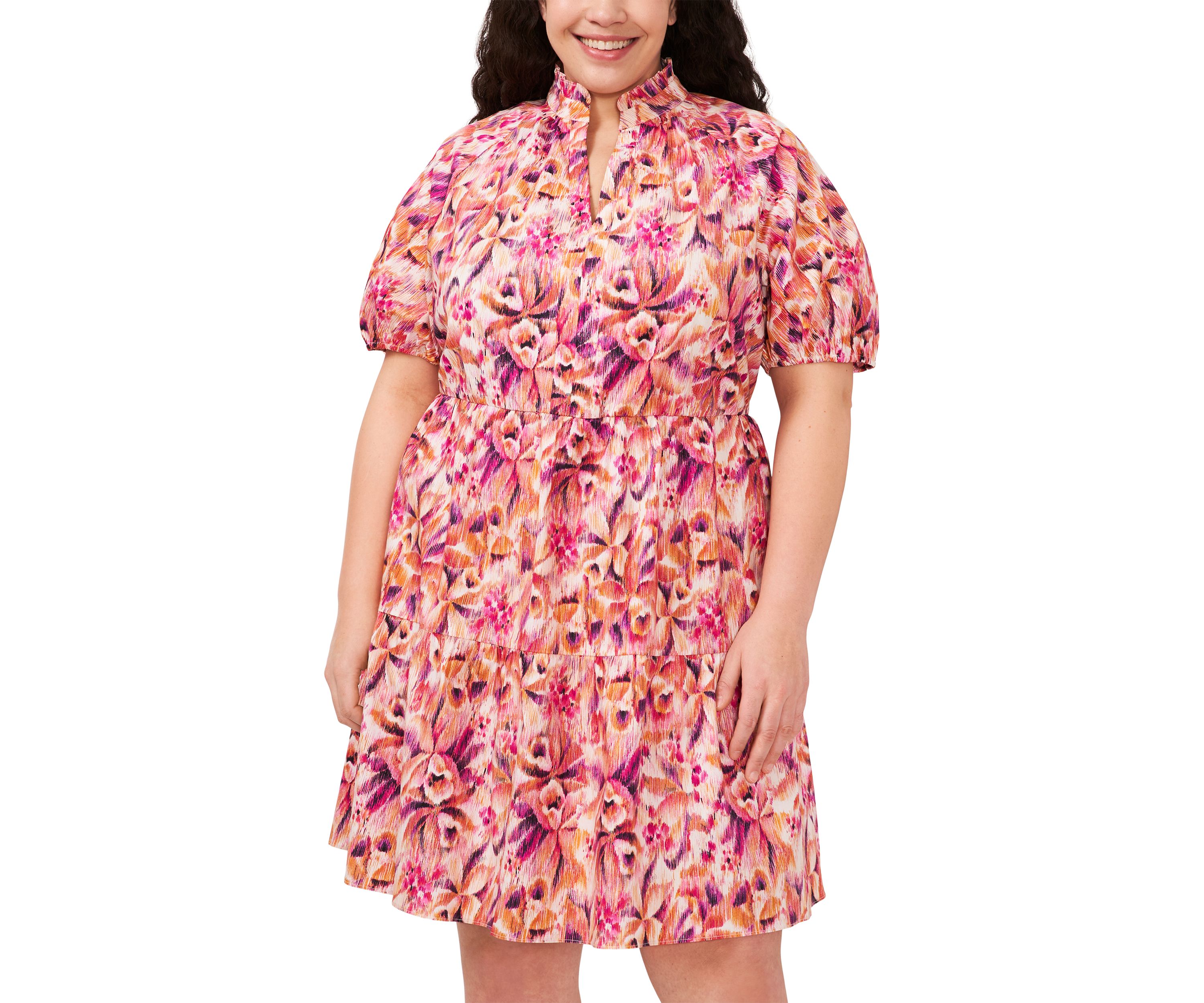 Plus Size Puff Sleeve Printed V-Neck Dress