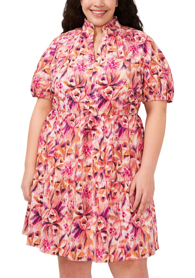 Plus Size Puff Sleeve Printed V-Neck Dress