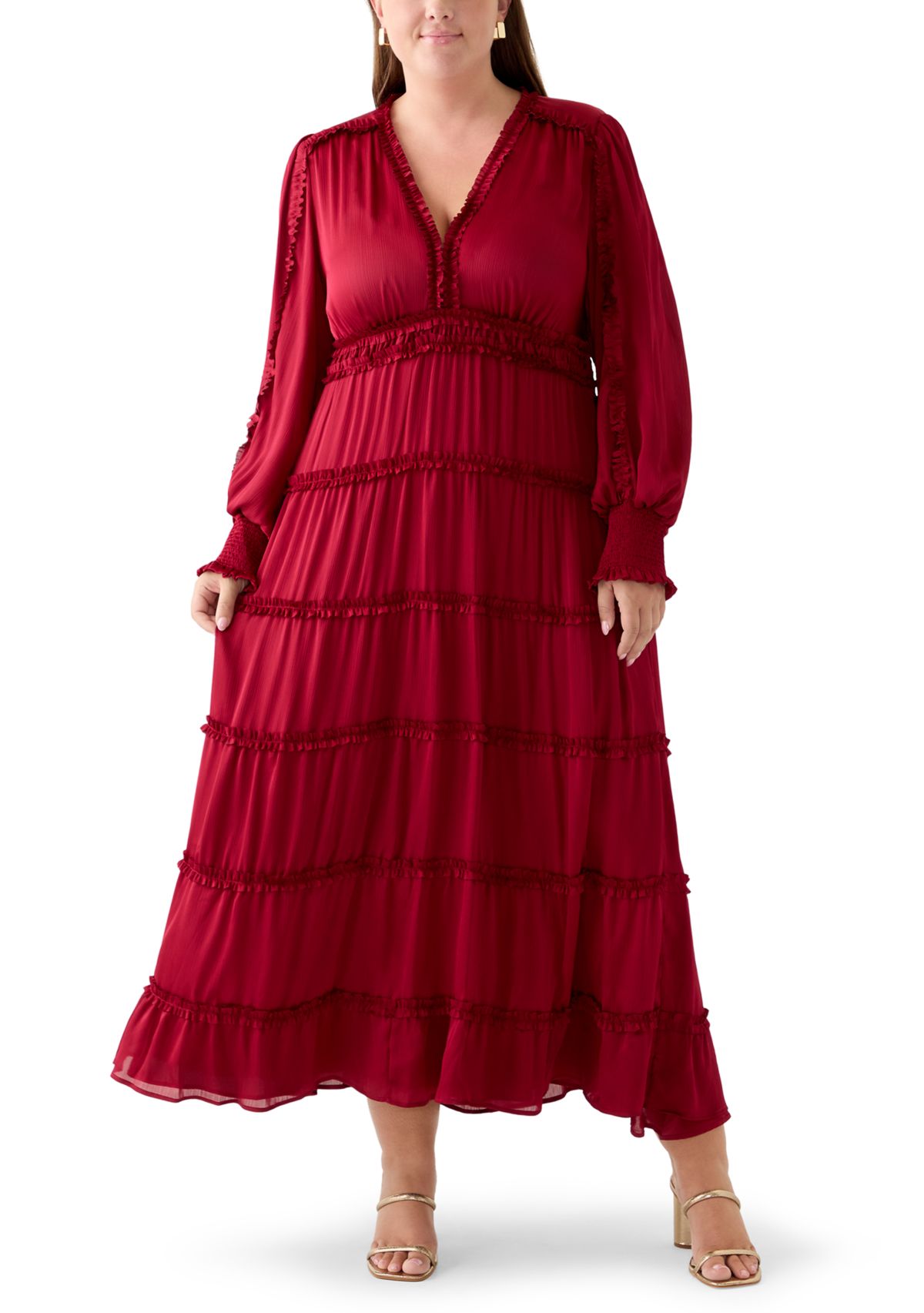 Plus Size Long Sleeve V-Neck Tiered Mulberry Red Maxi Dress