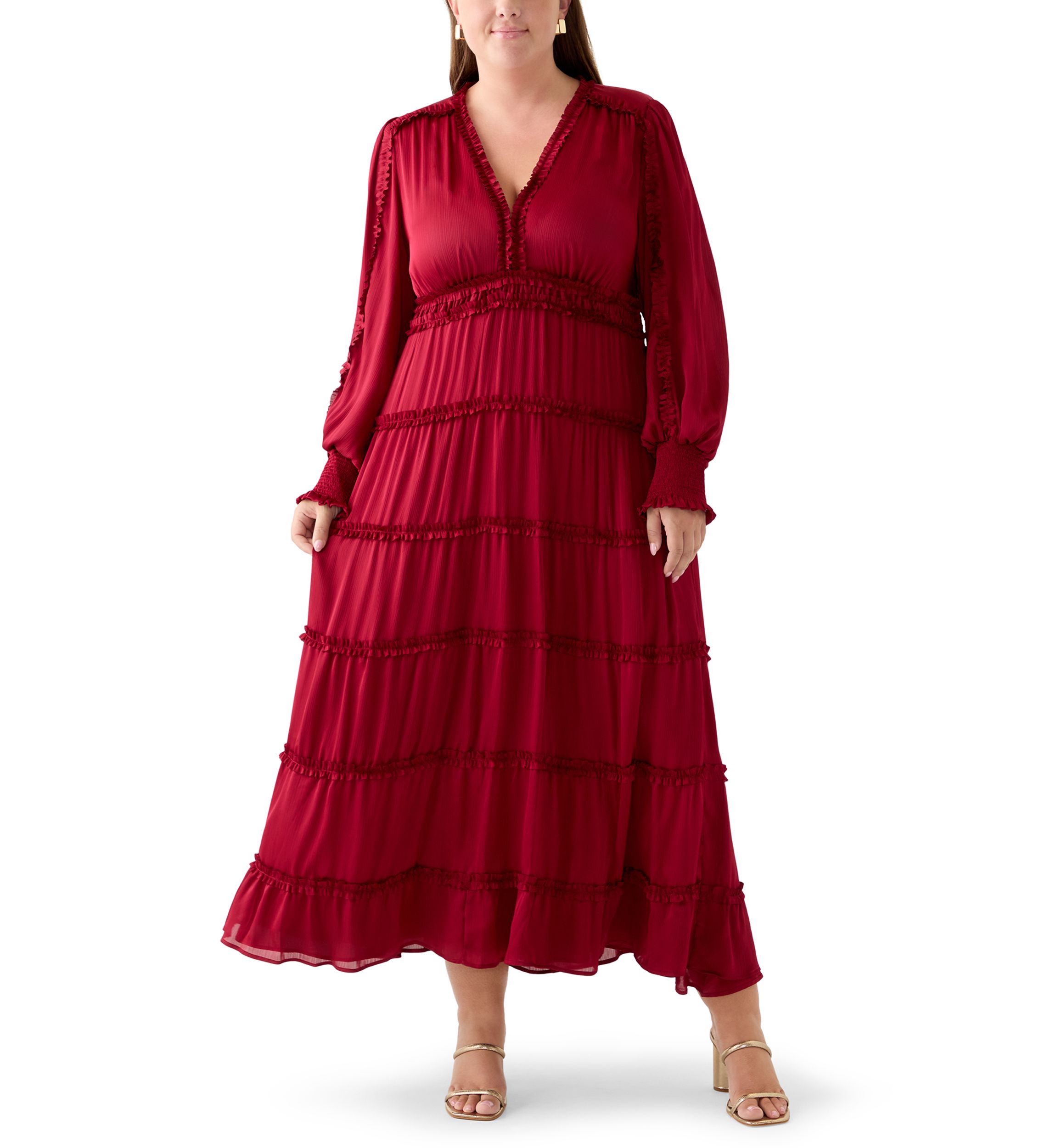 Plus Size Long Sleeve V-Neck Tiered Mulberry Red Maxi Dress