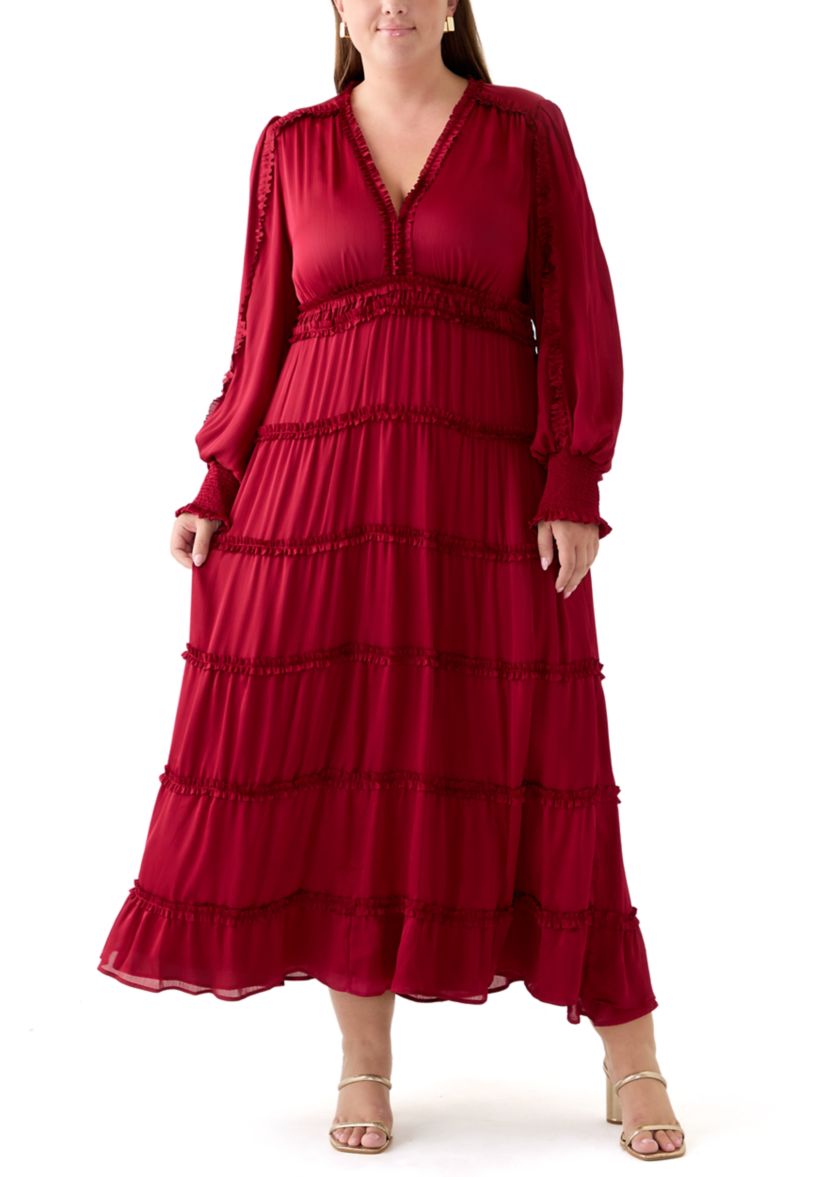 Plus Size Long Sleeve V-Neck Tiered Mulberry Red Maxi Dress