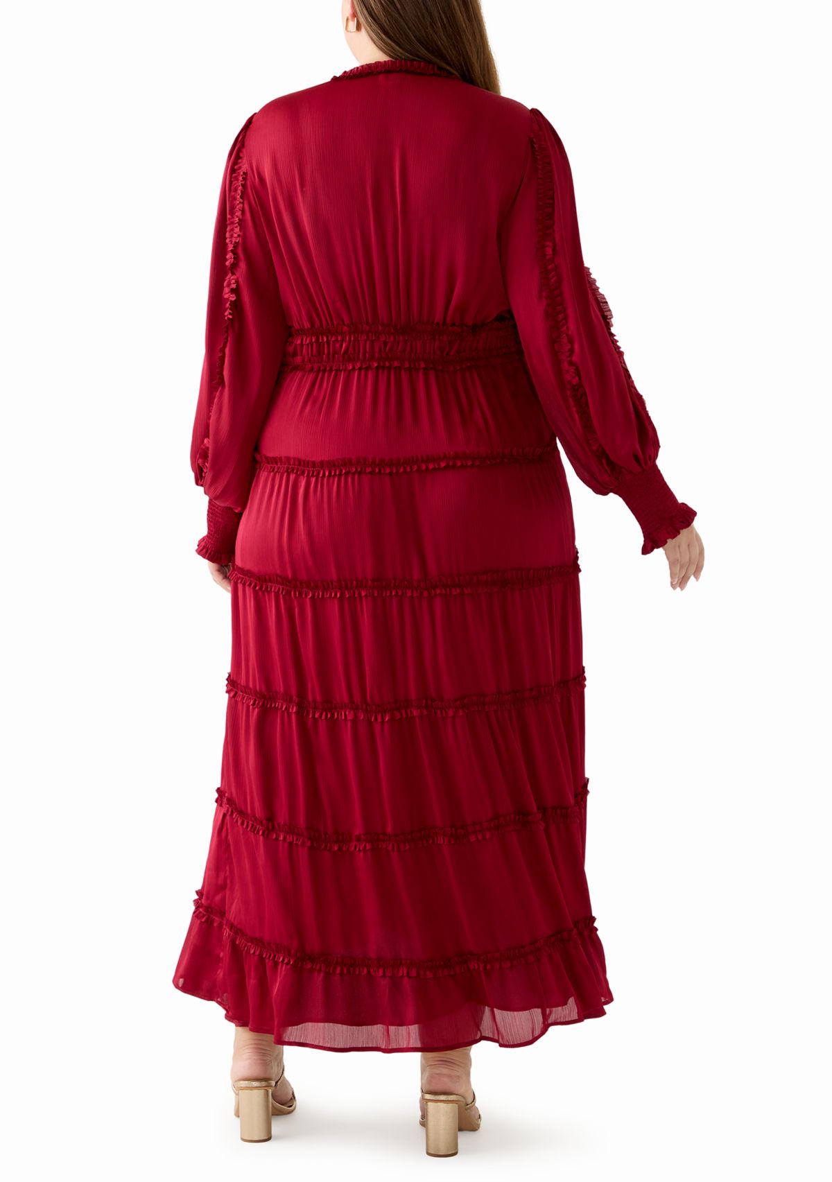 Plus Size Long Sleeve V-Neck Tiered Mulberry Red Maxi Dress