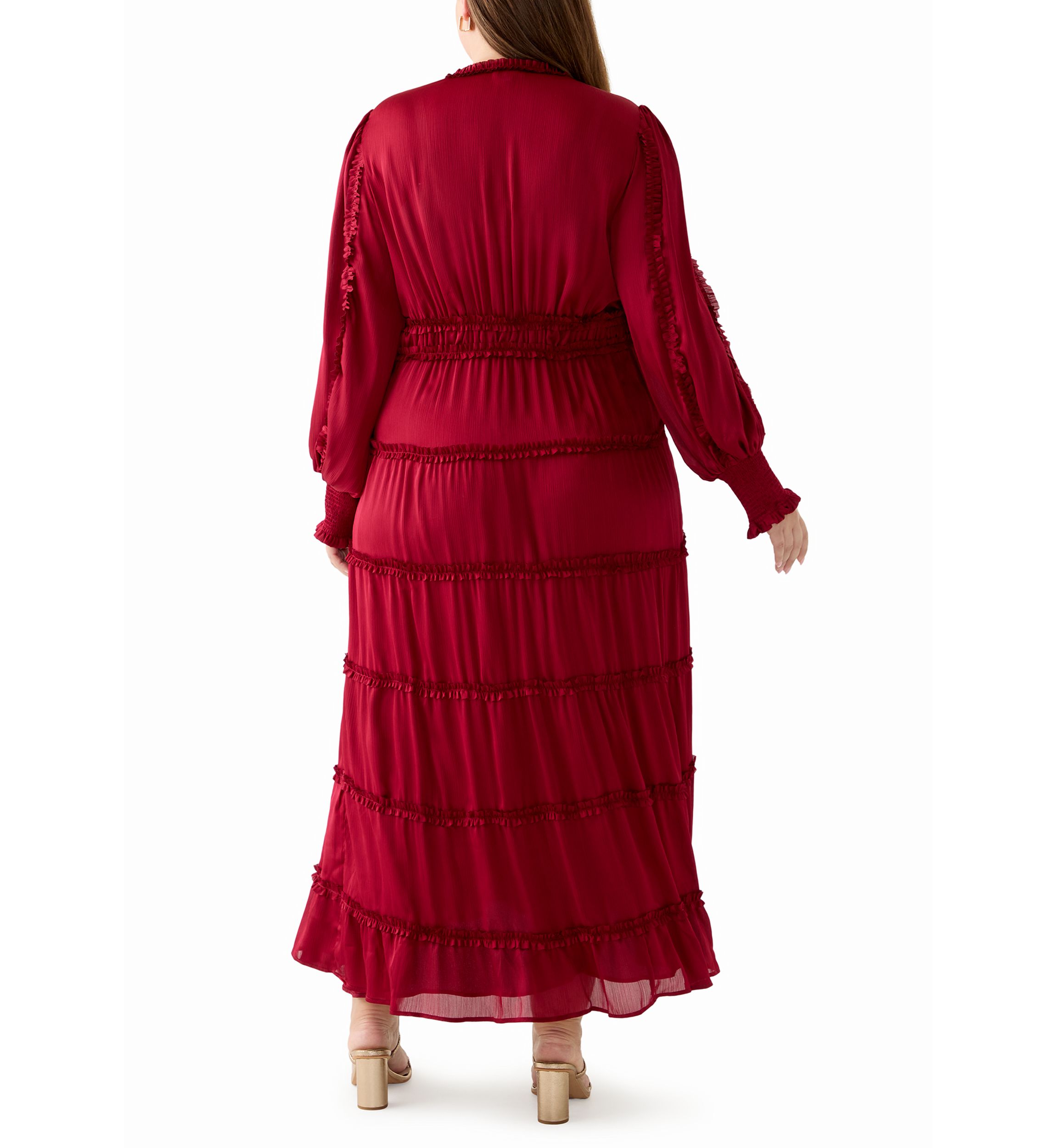 Plus Size Long Sleeve V-Neck Tiered Mulberry Red Maxi Dress
