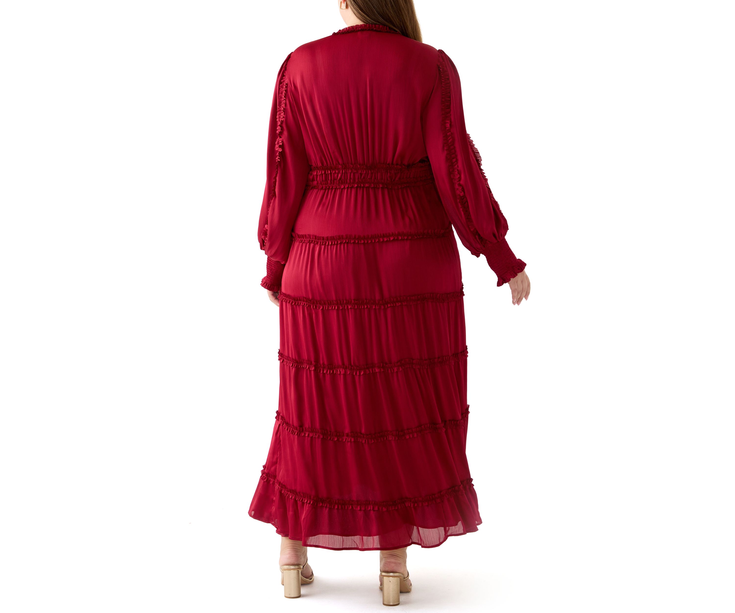 Plus Size Long Sleeve V-Neck Tiered Mulberry Red Maxi Dress