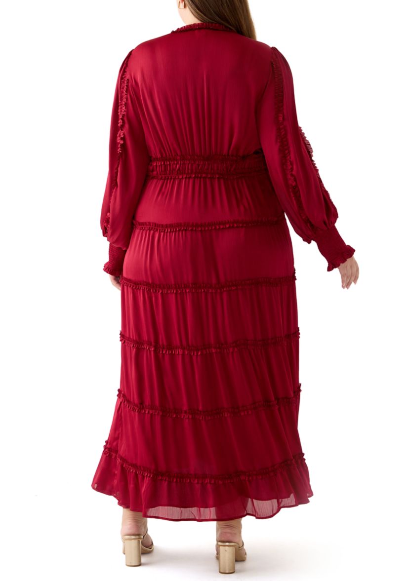 Plus Size Long Sleeve V-Neck Tiered Mulberry Red Maxi Dress