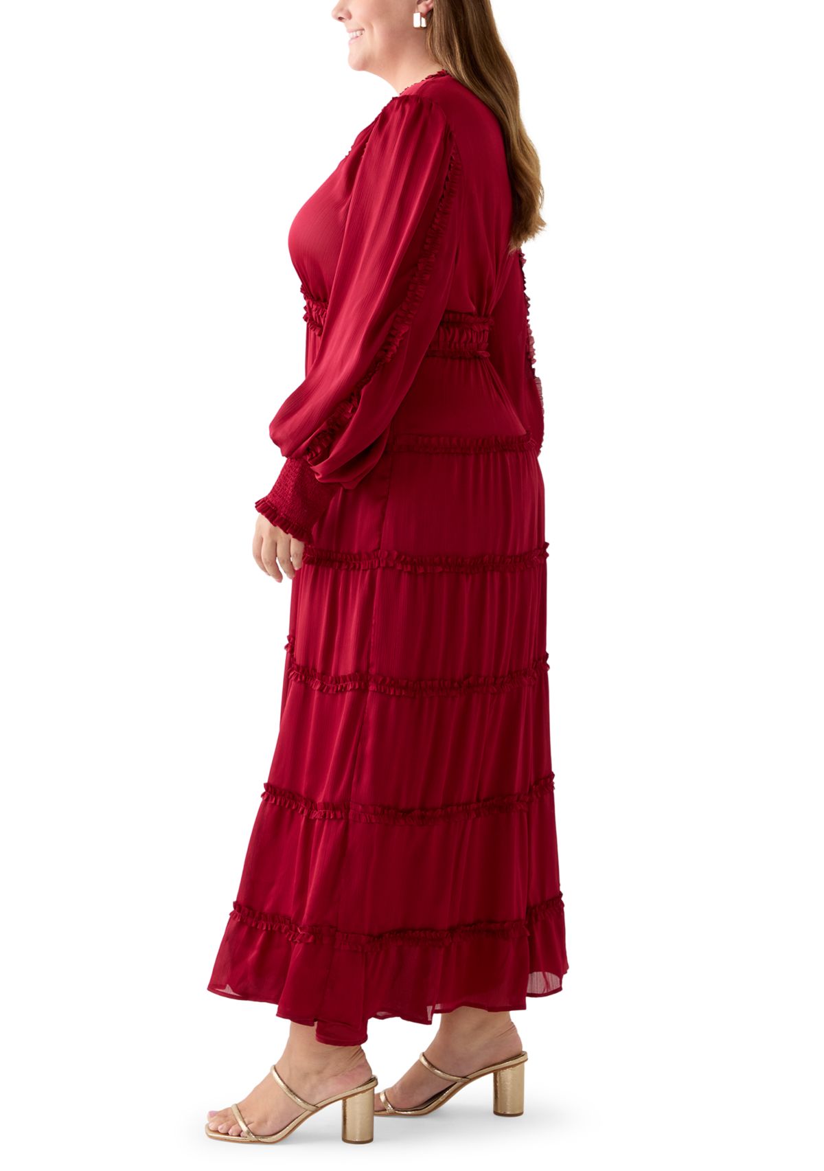 Plus Size Long Sleeve V-Neck Tiered Mulberry Red Maxi Dress
