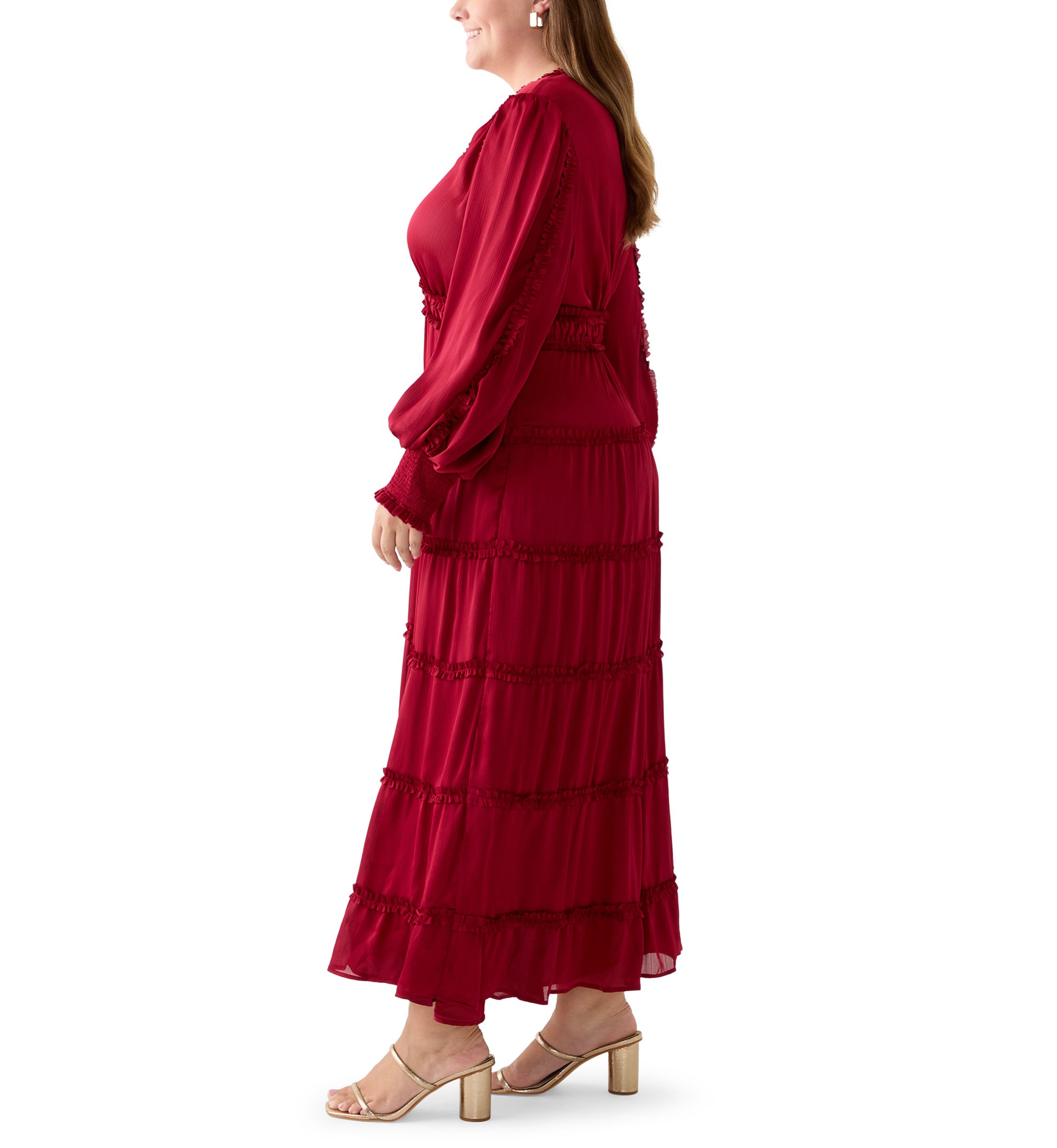 Plus Size Long Sleeve V-Neck Tiered Mulberry Red Maxi Dress