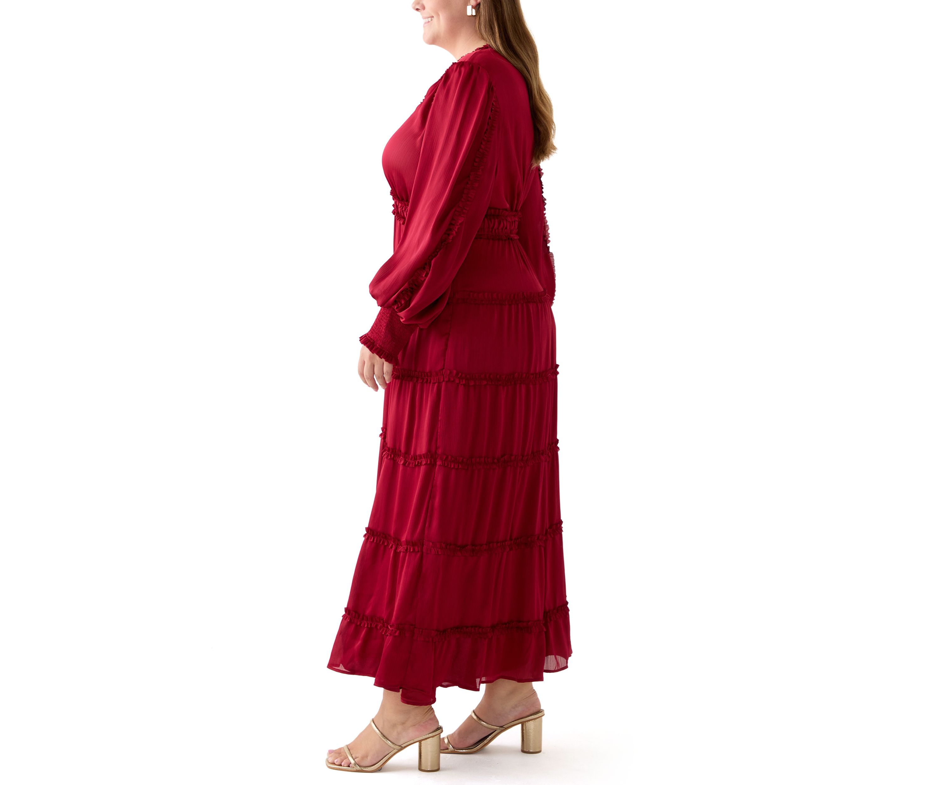 Plus Size Long Sleeve V-Neck Tiered Mulberry Red Maxi Dress
