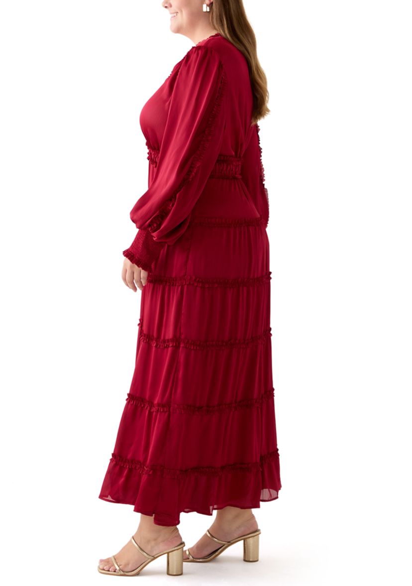 Plus Size Long Sleeve V-Neck Tiered Mulberry Red Maxi Dress