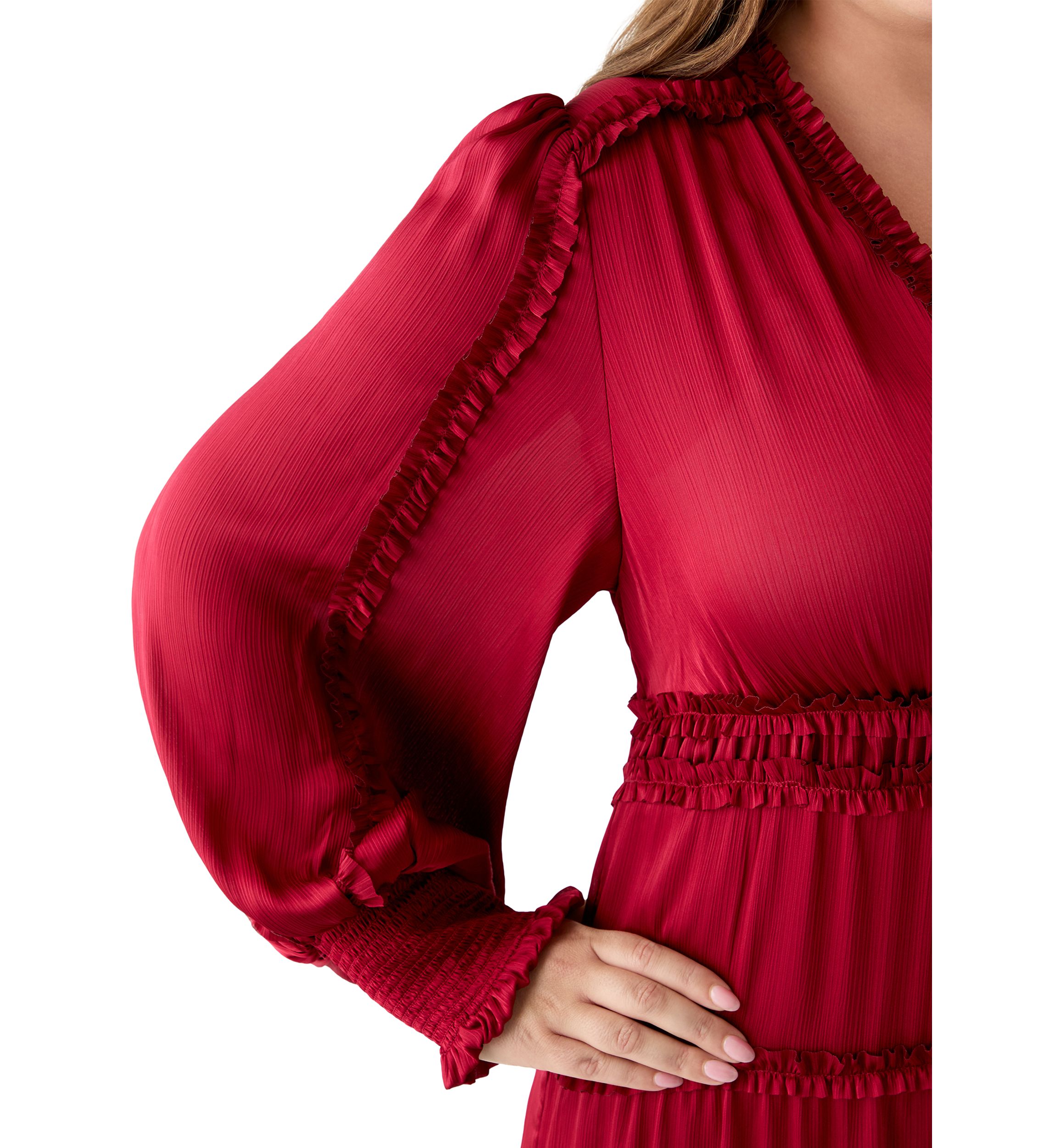 Plus Size Long Sleeve V-Neck Tiered Mulberry Red Maxi Dress